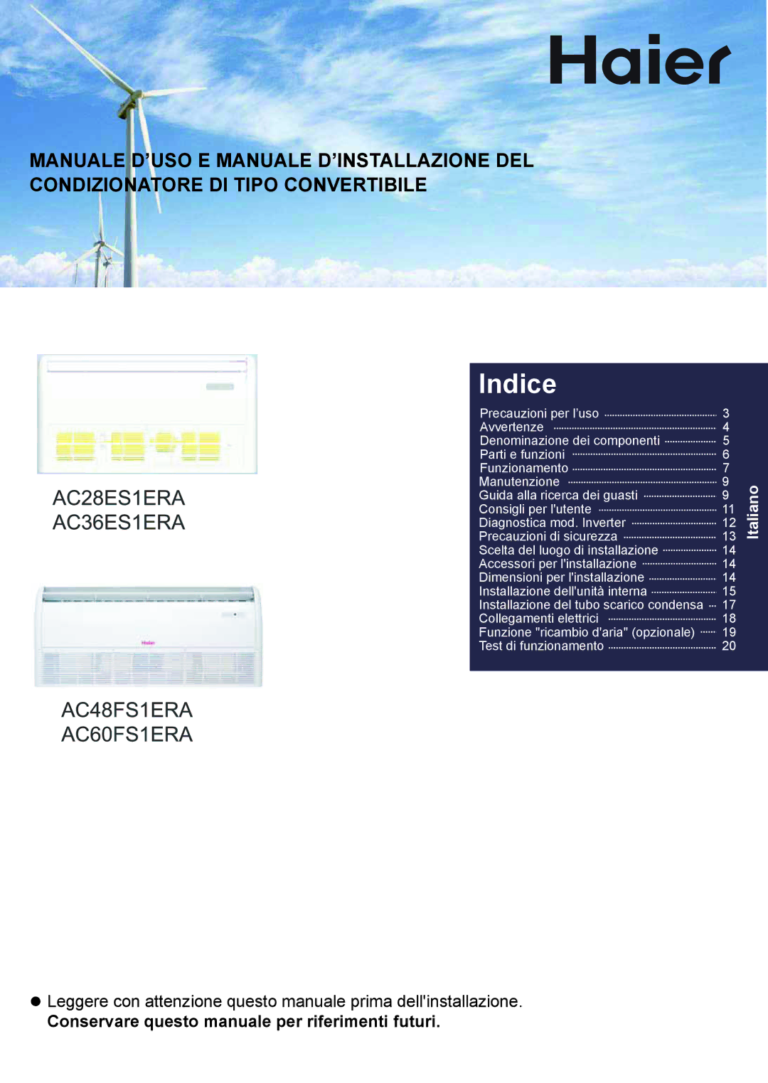 Haier AC36ES1ERA, AC48FS1ERA, AC60FS1ERA, AC28ES1ERA operation manual Indice 