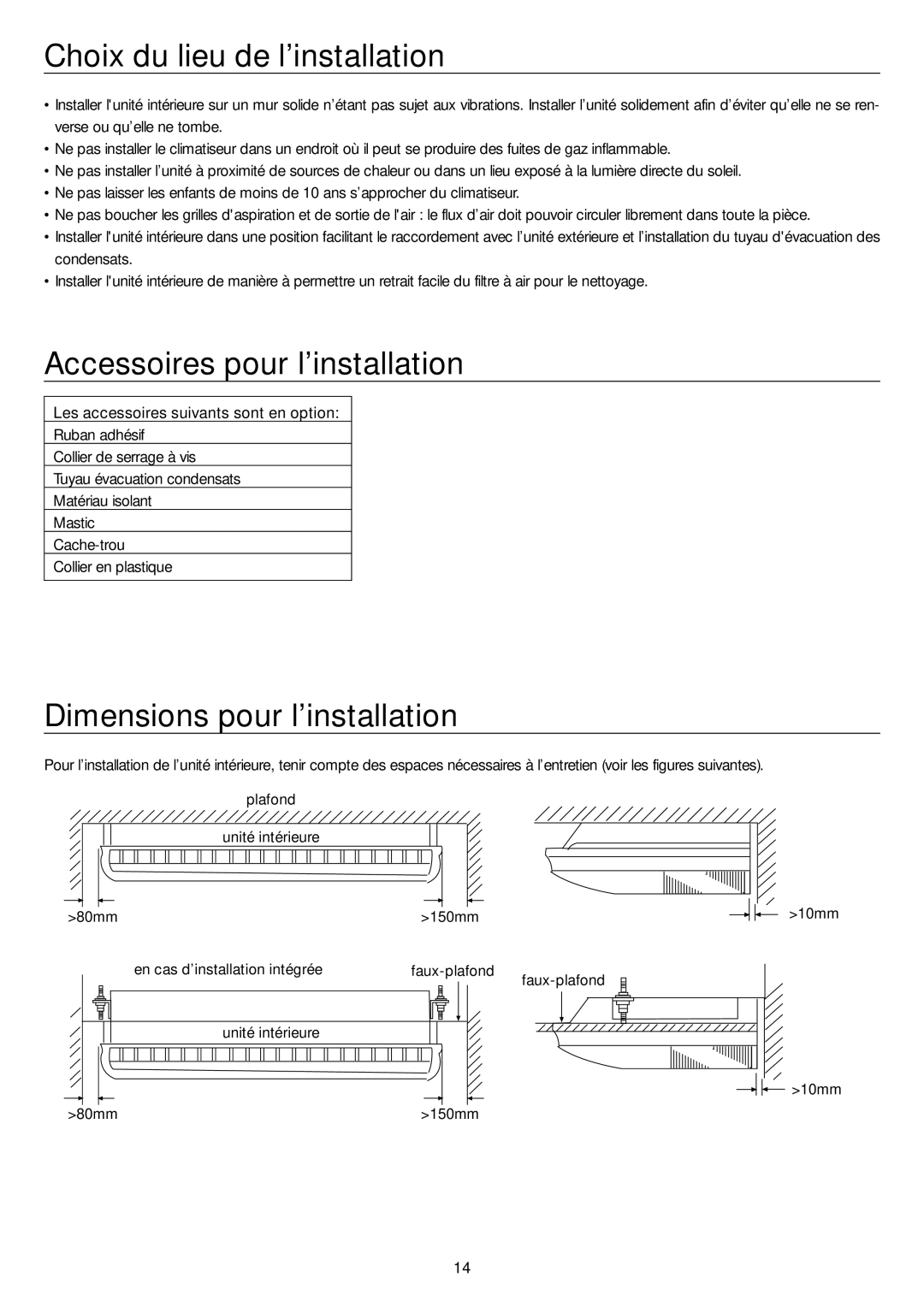 Haier AC48FS1ERA Choix du lieu de l’installation, Accessoires pour l’installation, Dimensions pour l’installation 