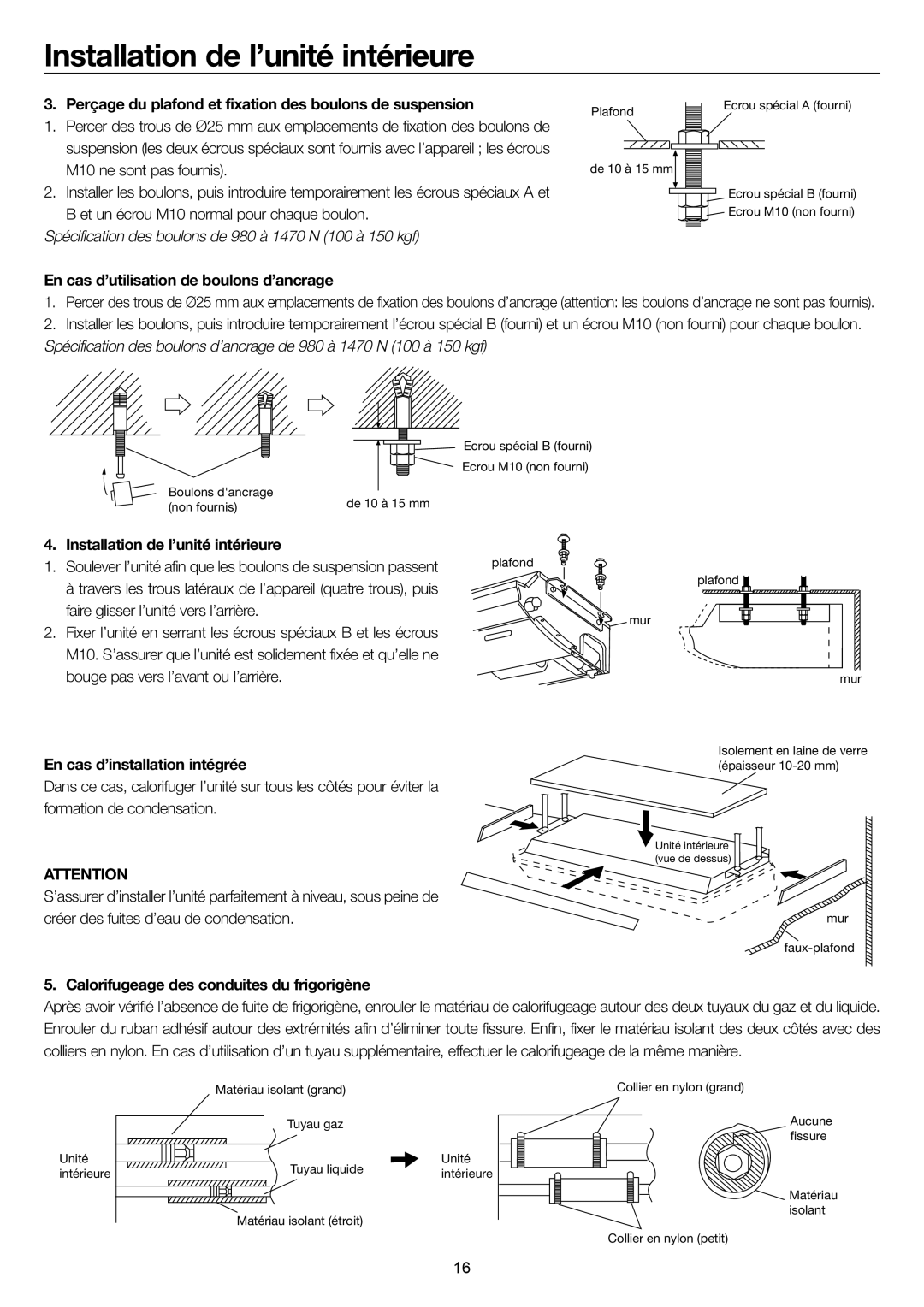 Haier AC60FS1ERA Perçage du plafond et fixation des boulons de suspension, En cas d’utilisation de boulons d’ancrage 