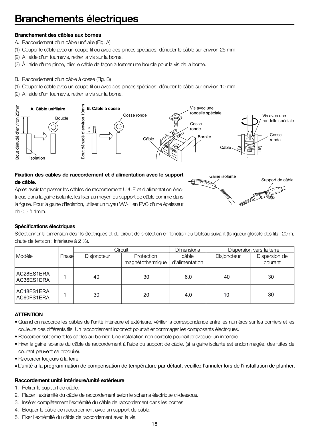 Haier AC48FS1ERA, AC36ES1ERA Branchements électriques, Branchement des câbles aux bornes, Spécifications électriques 