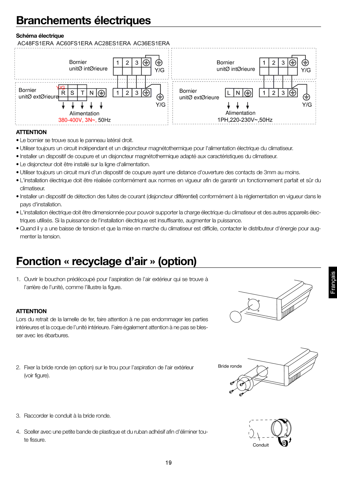 Haier AC36ES1ERA, AC48FS1ERA, AC60FS1ERA, AC28ES1ERA operation manual Fonction « recyclage d’air » option, Schéma électrique 