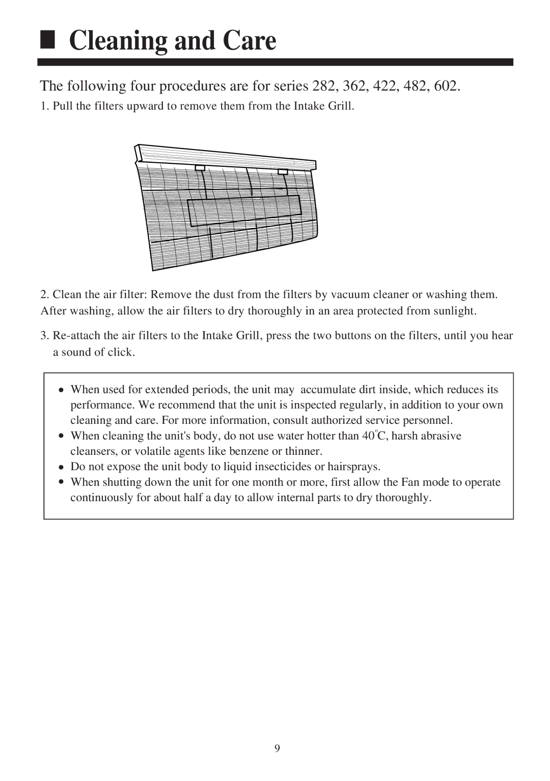 Haier AC362AFERA, AC522AFERA, AC482AFEAA Cleaning and Care, Following four procedures are for series 282, 362, 422, 482 