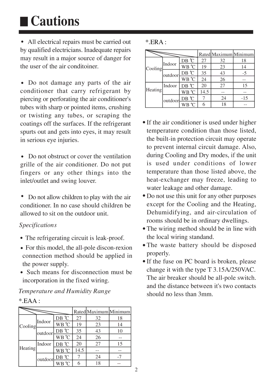 Haier AC362AFERA, AC522AFERA, AC482AFEAA, AC362AFEAA, AC602AFEAA, AC282AFERA, AC282AFEAA installation manual Eaa, Era 