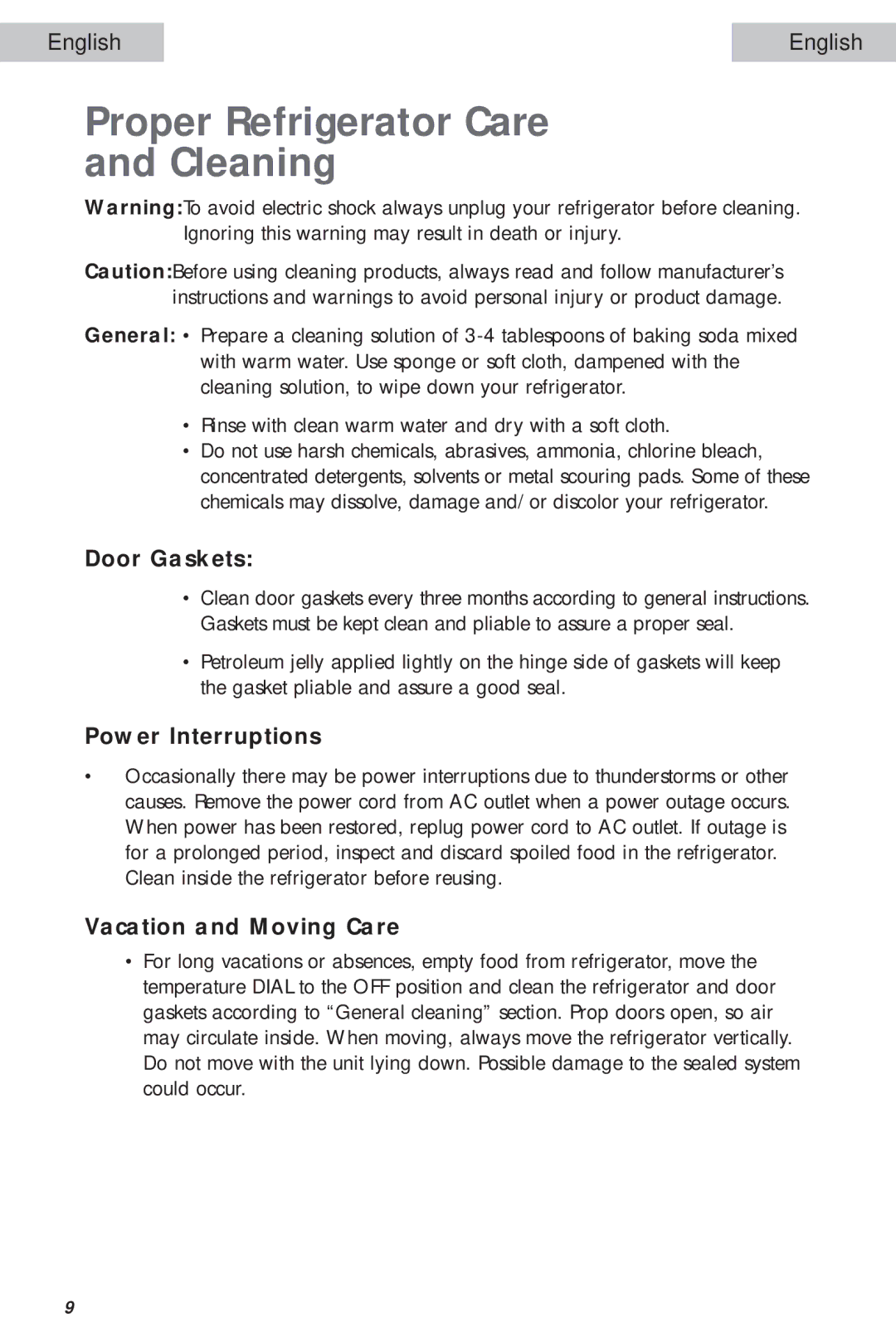 Haier ACM03ARW manual Proper Refrigerator Care Cleaning, Door Gaskets, Power Interruptions, Vacation and Moving Care 