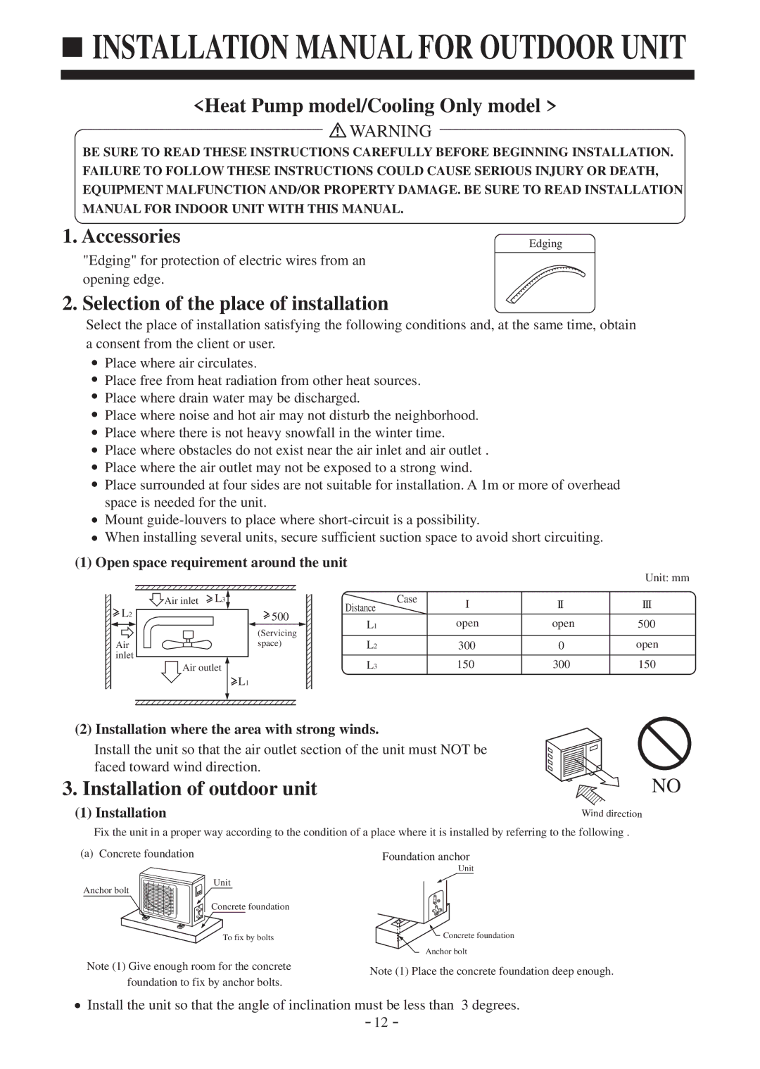 Haier AU142AFBIA, AD142AMBIA Open space requirement around the unit, Installation where the area with strong winds 