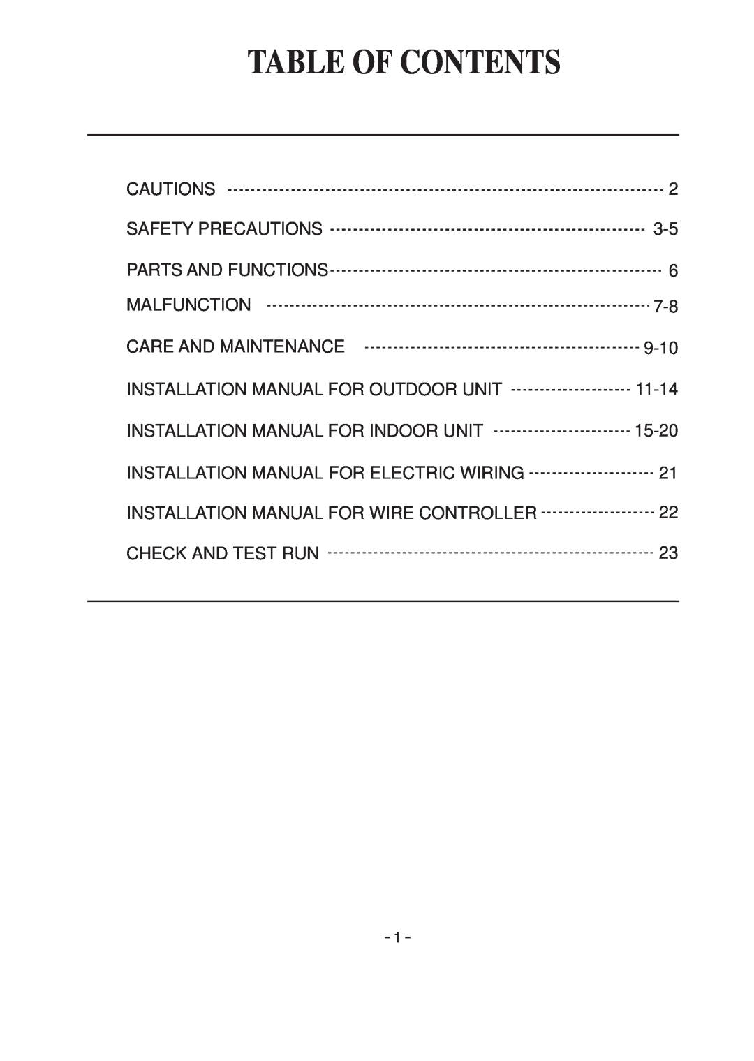 Haier AD142AMBIA, AU142AFBIA installation manual Table Of Contents 