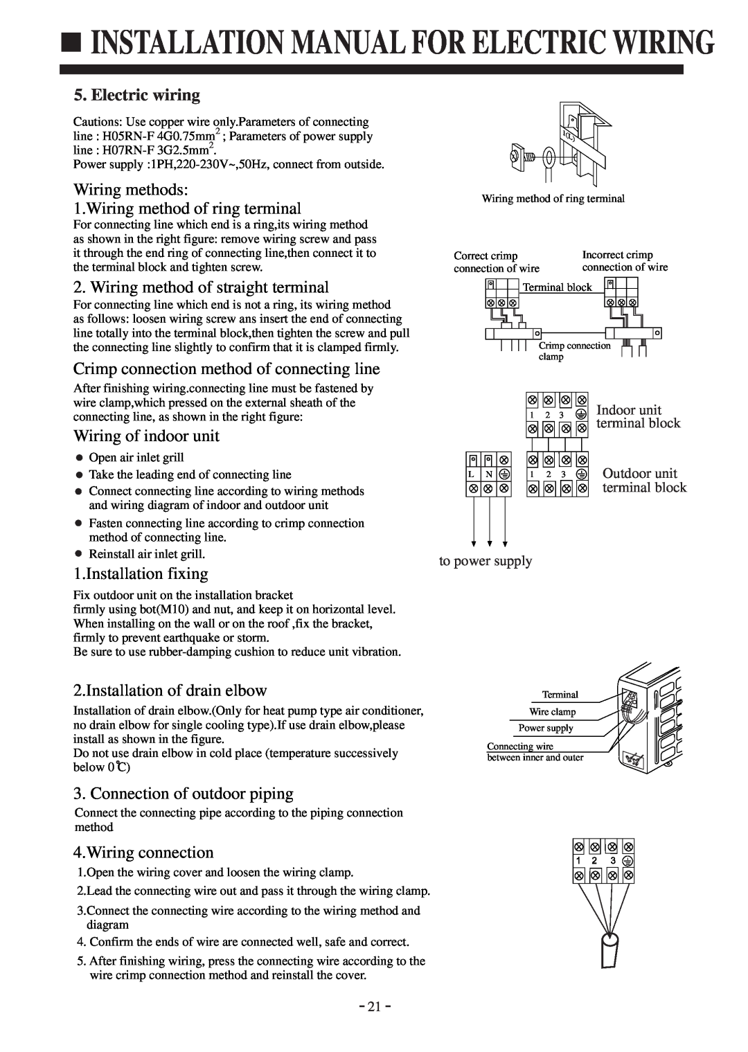 Haier AD142AMBIA Installation Manual For Electric Wiring, Electric wiring, Indoor unit terminal block, to power supply 