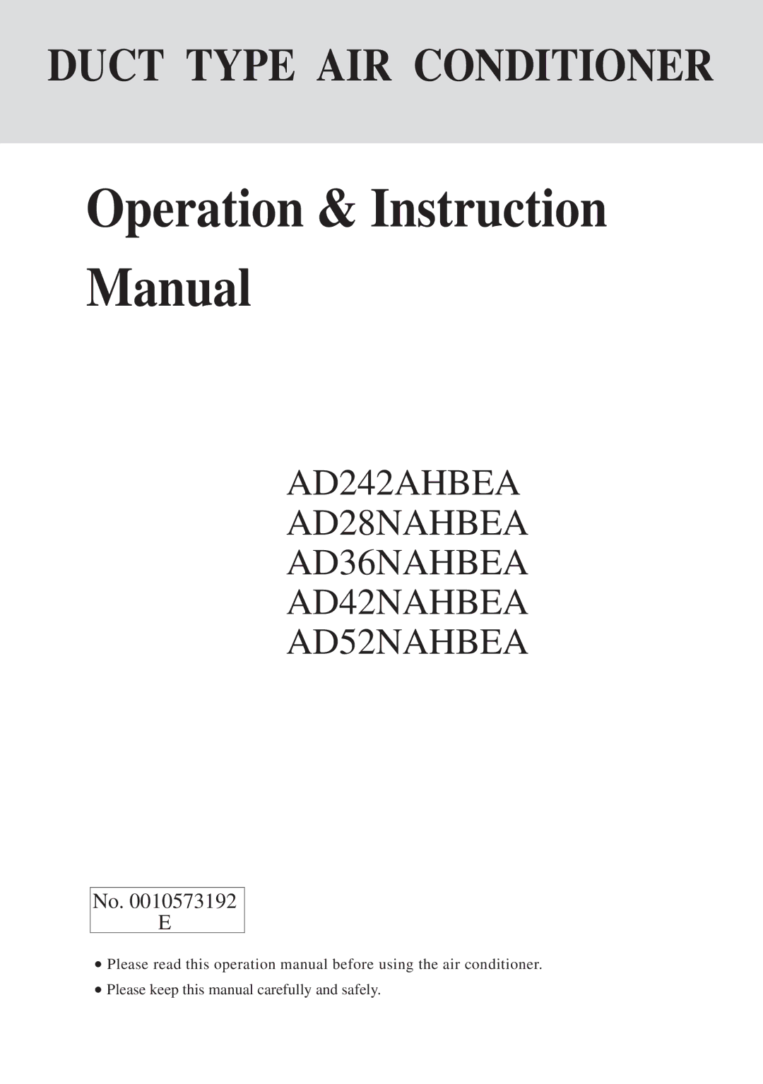 Haier AD52NAHBEA, AD242AHBEA, AD36NAHBEA, AD42NAHBEA, AD28NAHBEA instruction manual Duct Type AIR Conditioner 