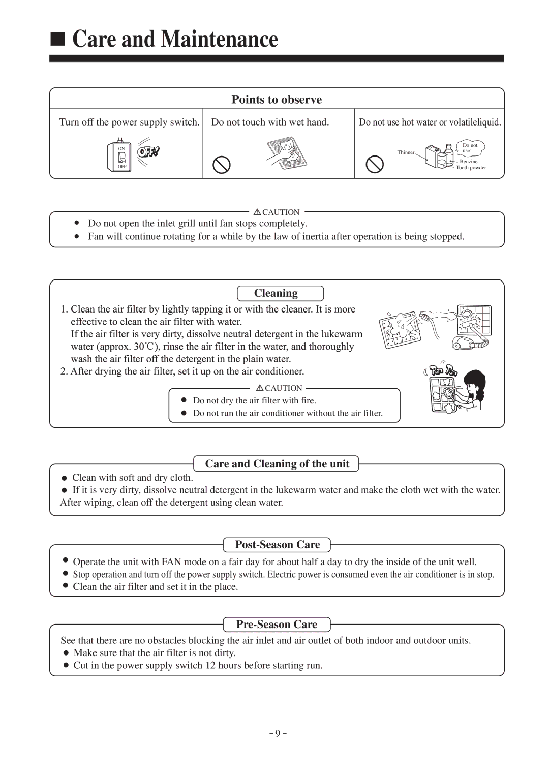 Haier AD242AHBEA, AD52NAHBEA, AD36NAHBEA, AD42NAHBEA, AD28NAHBEA instruction manual Care and Maintenance, Points to observe 