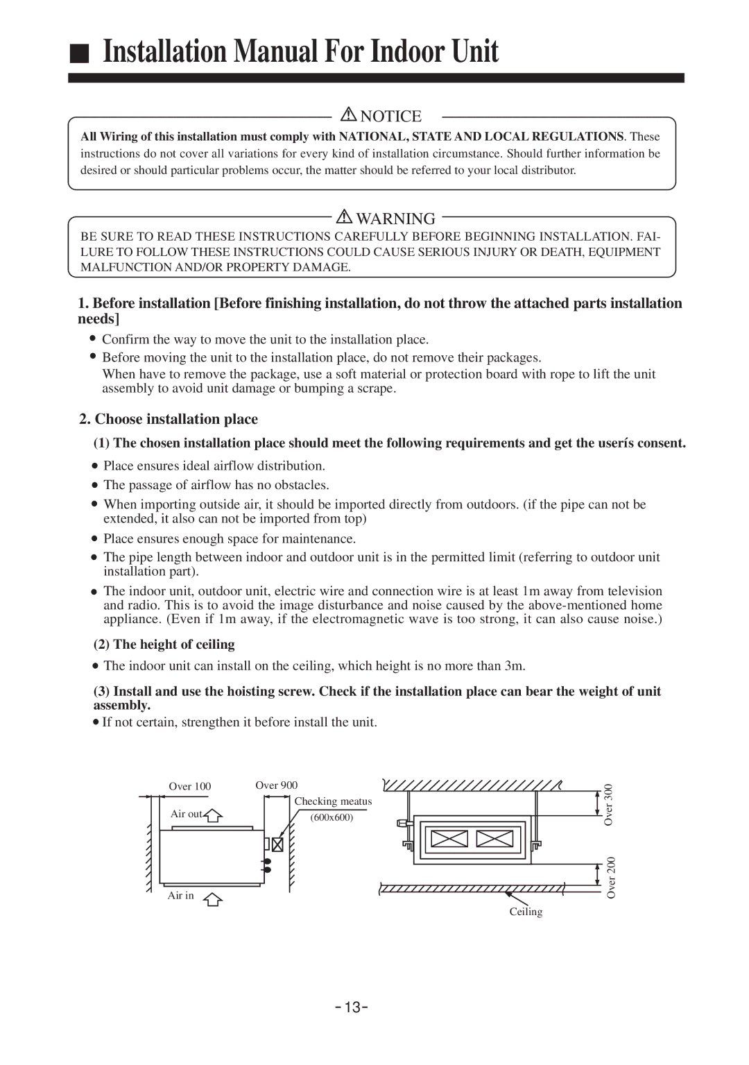 Haier AD28NAHBEA, AD242AHBEA, AD52NAHBEA, AD36NAHBEA, AD42NAHBEA Choose installation place, Height of ceiling 