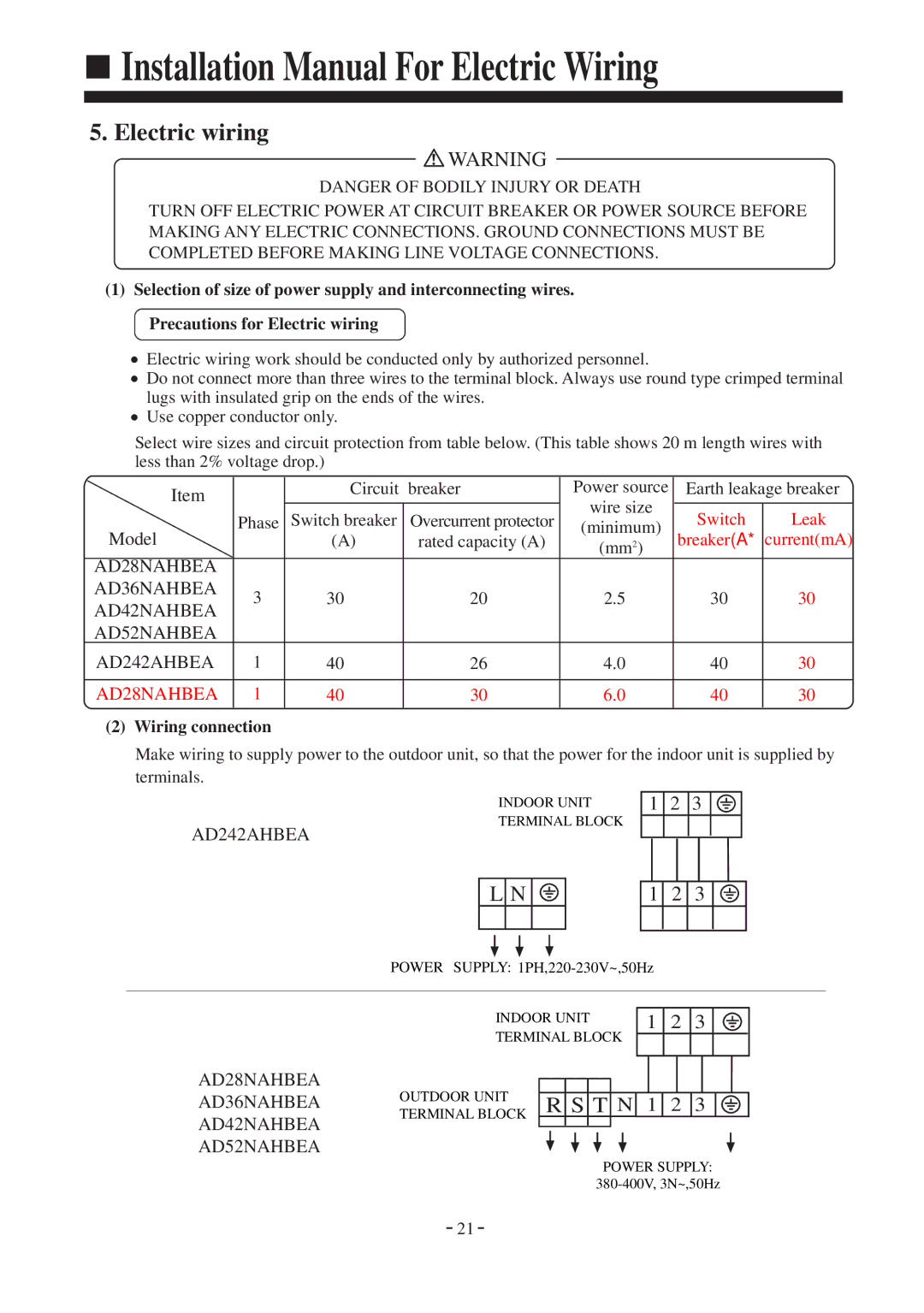 Haier AD36NAHBEA, AD242AHBEA Installation Manual For Electric Wiring, Wiring connection, Power Supply 1PH,220-230V~,50Hz 