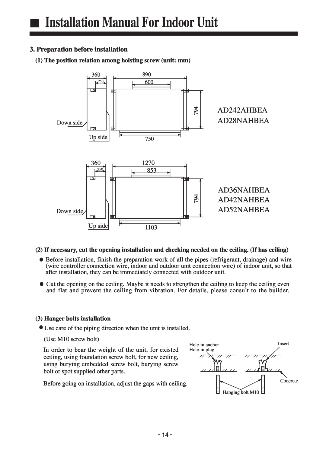 Haier instruction manual Installation Manual For Indoor Unit, AD242AHBEA AD28NAHBEA, AD36NAHBEA AD42NAHBEA AD52NAHBEA 