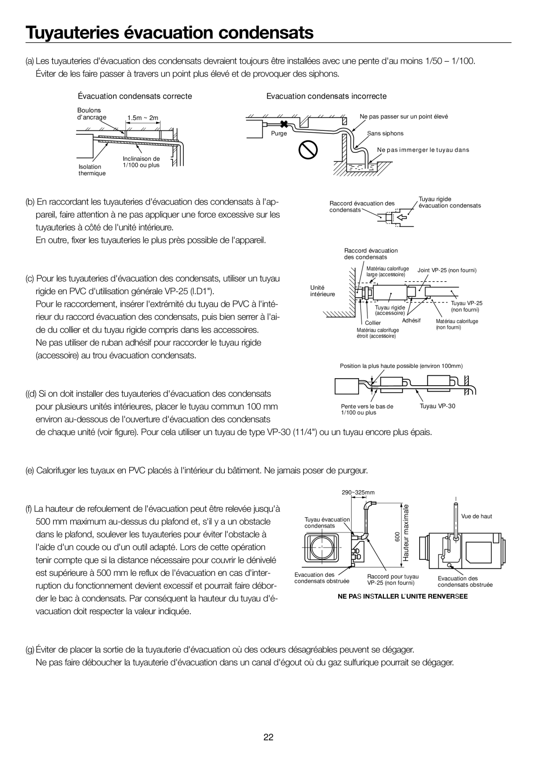 Haier AD24MS1ERA, AD28NS1ERA, AD36NS1ERA Tuyauteries évacuation condensats, Vacuation doit respecter la valeur indiquée 