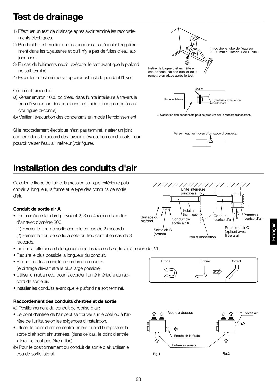 Haier AD28NS1ERA, AD24MS1ERA, AD36NS1ERA Test de drainage, Installation des conduits dair, Conduit de sortie air a 