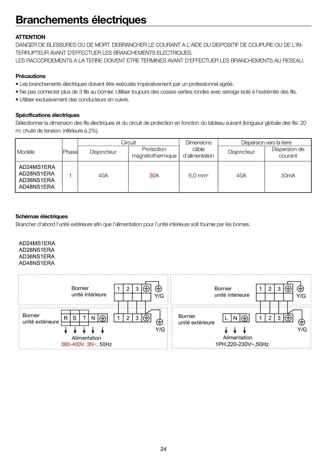 Haier AD36NS1ERA, AD24MS1ERA Branchements électriques, Précautions, Spécifications électriques, Schémas électriques 