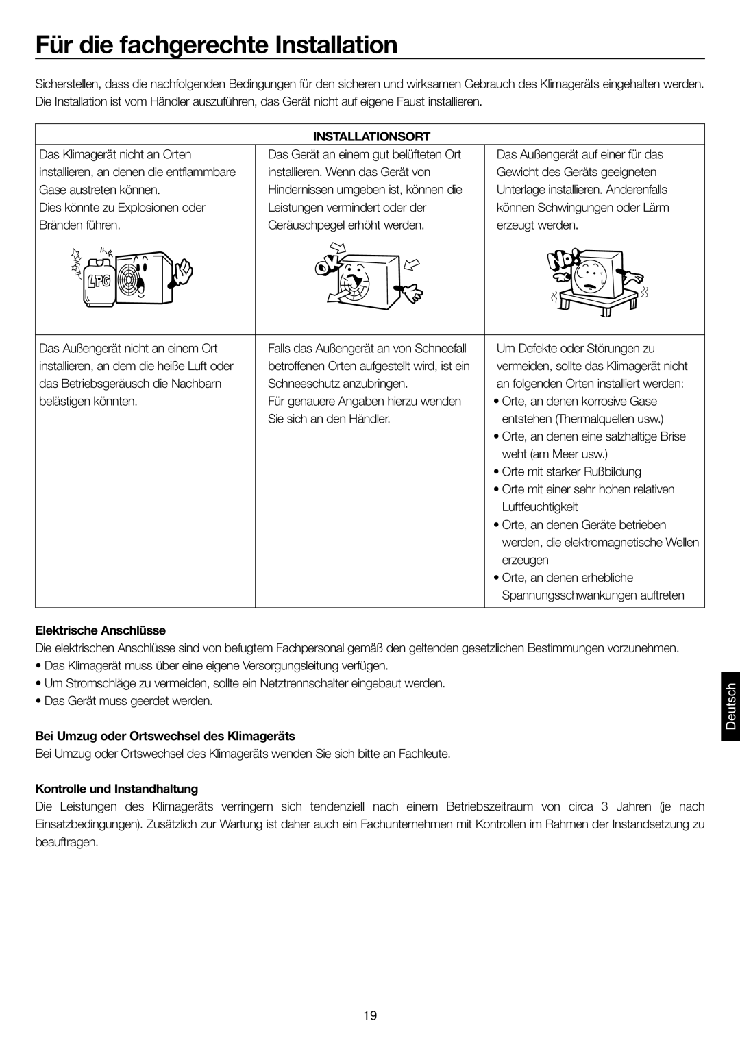 Haier AD48NS1ERA Für die fachgerechte Installation, Installationsort, Elektrische Anschlüsse, Kontrolle und Instandhaltung 