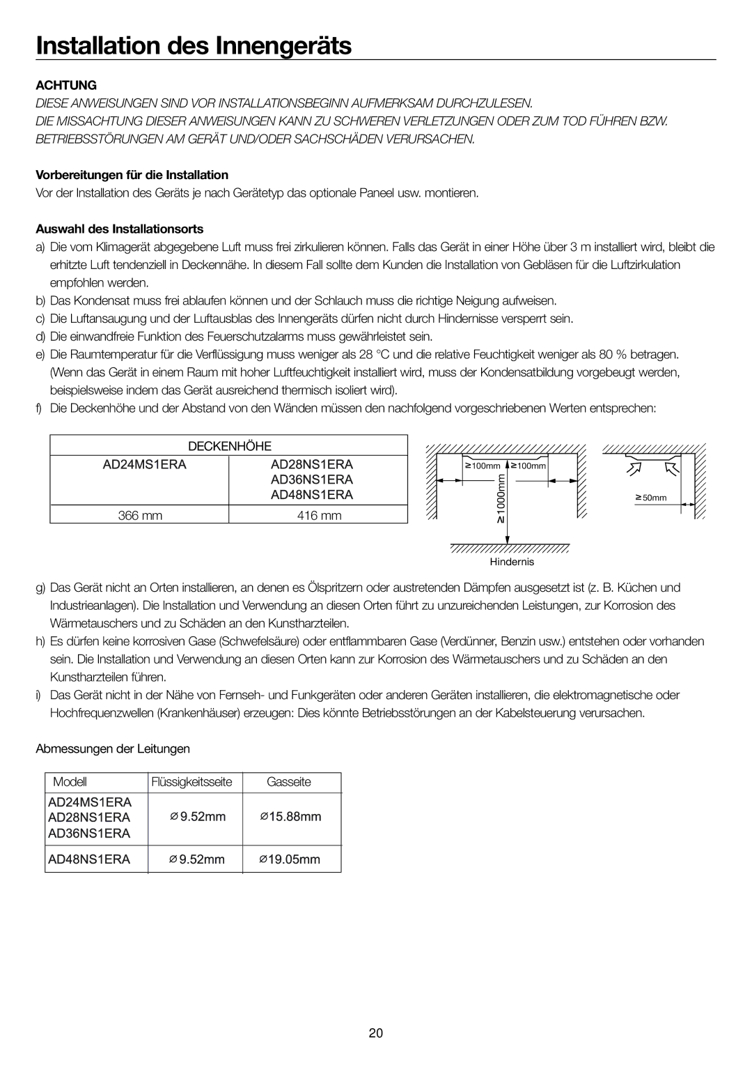 Haier AD24MS1ERA Installation des Innengeräts, Vorbereitungen für die Installation, Auswahl des Installationsorts 