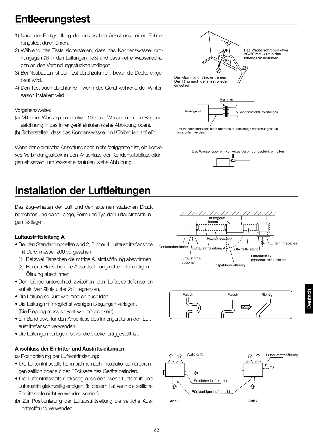 Haier AD48NS1ERA, AD24MS1ERA, AD28NS1ERA, AD36NS1ERA Entleerungstest, Installation der Luftleitungen, Luftaustrittsleitung a 