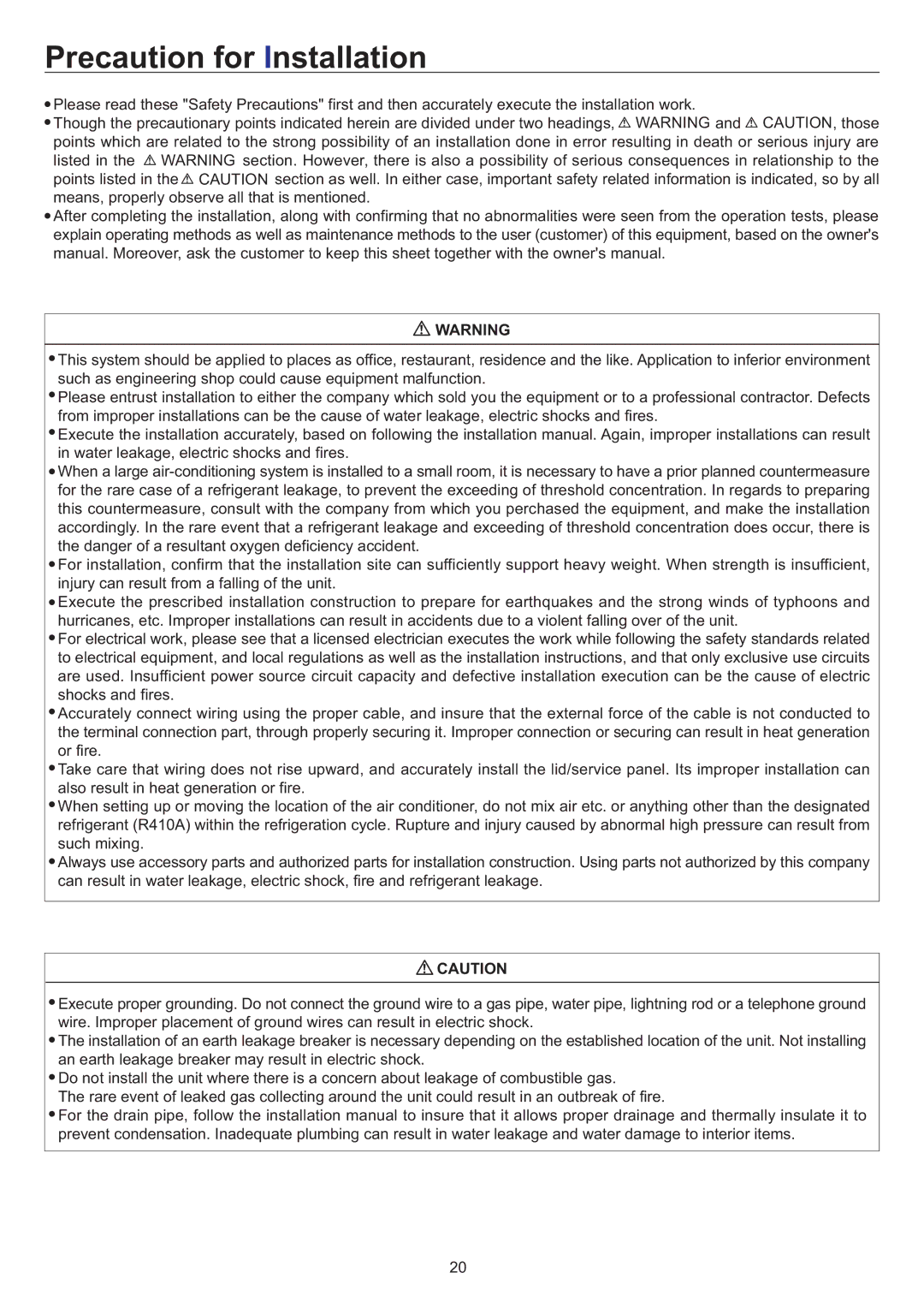 Haier AD36NS1ERA, AD24MS1ERA, AD28NS1ERA, AD48NS1ERA operation manual Precaution for Installation 