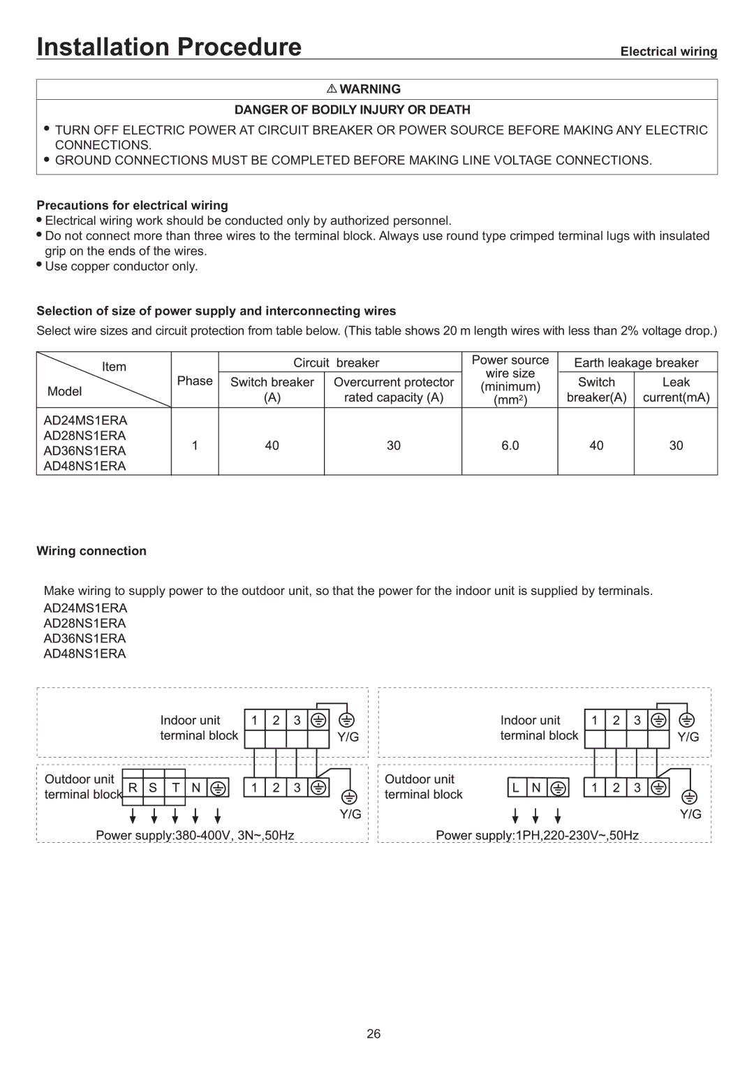 Haier AD24MS1ERA, AD28NS1ERA, AD36NS1ERA, AD48NS1ERA operation manual Electrical wiring 