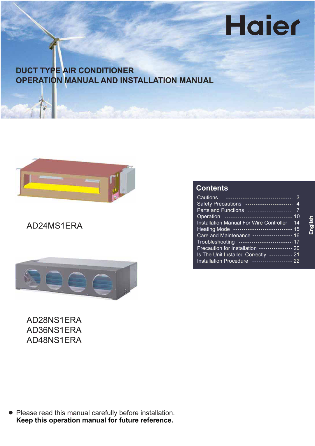 Haier AD48NS1ERA, AD24MS1ERA, AD28NS1ERA, AD36NS1ERA operation manual Contents 