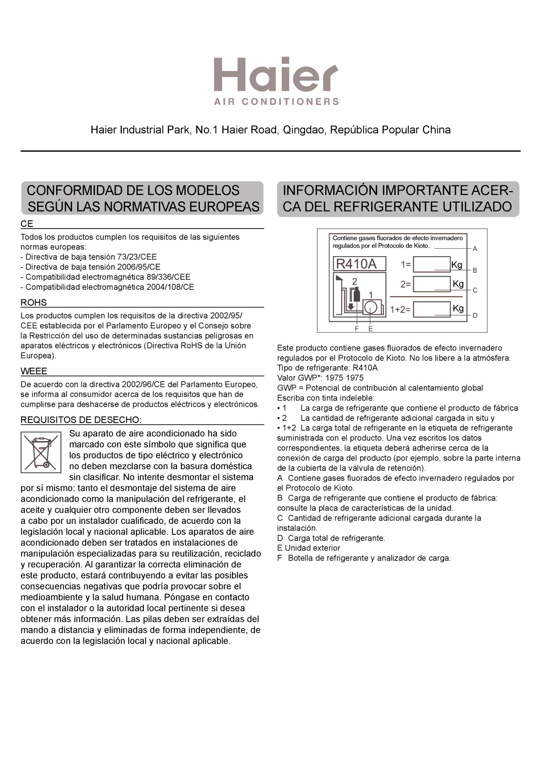 Haier AD24MS1ERA, AD28NS1ERA, AD36NS1ERA, AD48NS1ERA Información Importante ACER- CA DEL Refrigerante Utilizado 