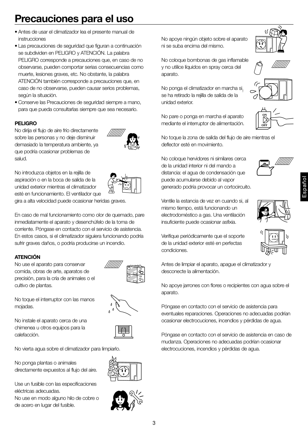 Haier AD28NS1ERA, AD24MS1ERA, AD36NS1ERA, AD48NS1ERA operation manual Precauciones para el uso, Peligro, Atención 