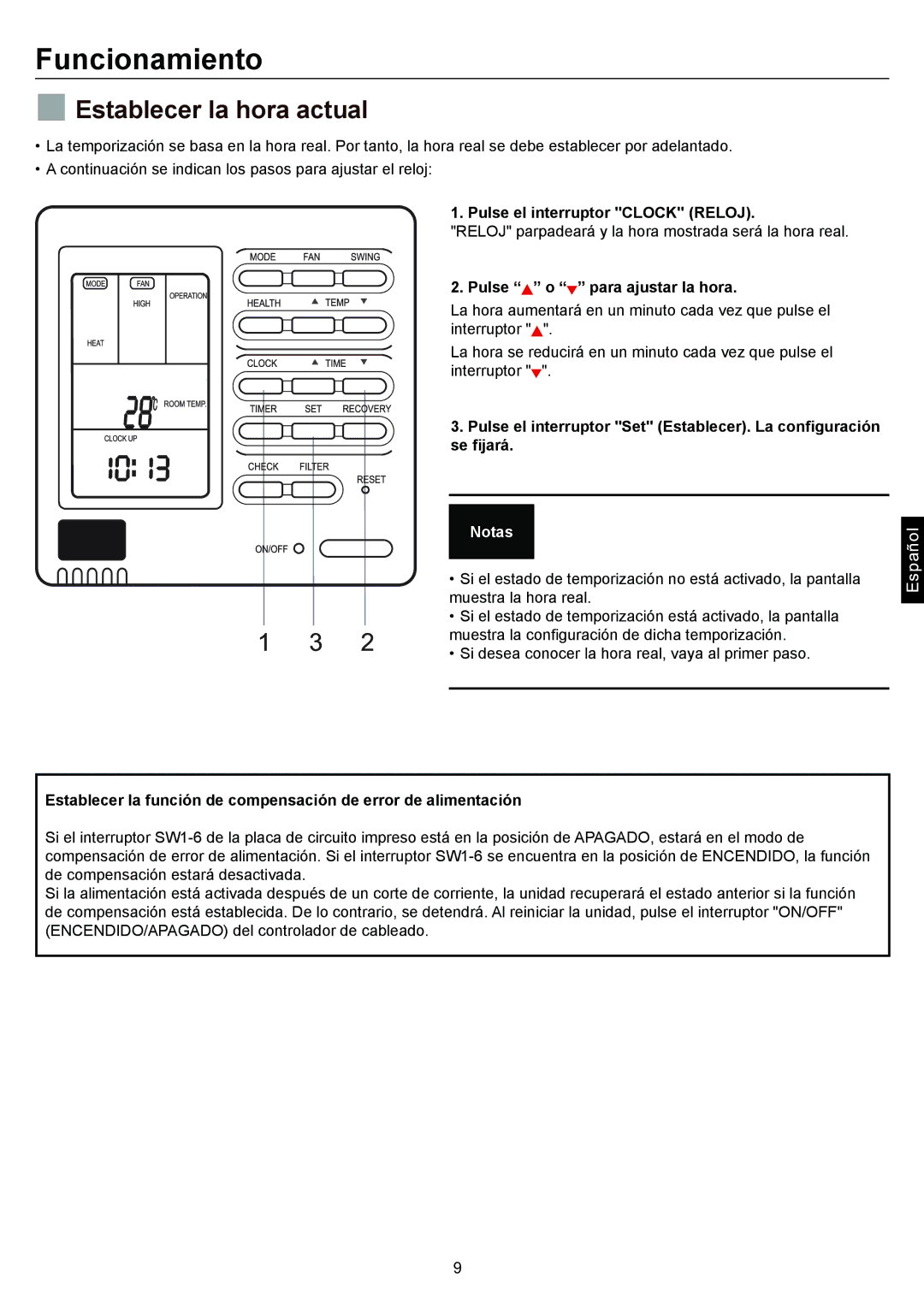 Haier AD48NS1ERA  Establecer la hora actual, Pulse el interruptor Clock Reloj, Pulse o para ajustar la hora, Notas 