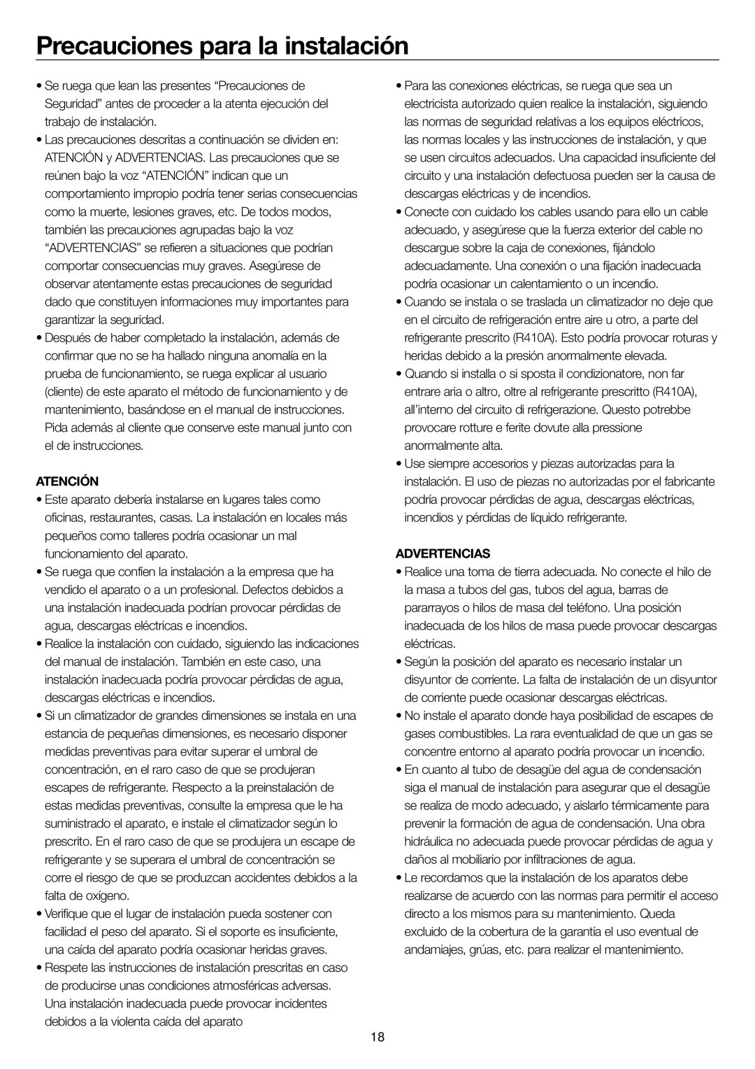 Haier AD24MS1ERA, AD28NS1ERA, AD36NS1ERA, AD48NS1ERA operation manual Precauciones para la instalación, Advertencias 