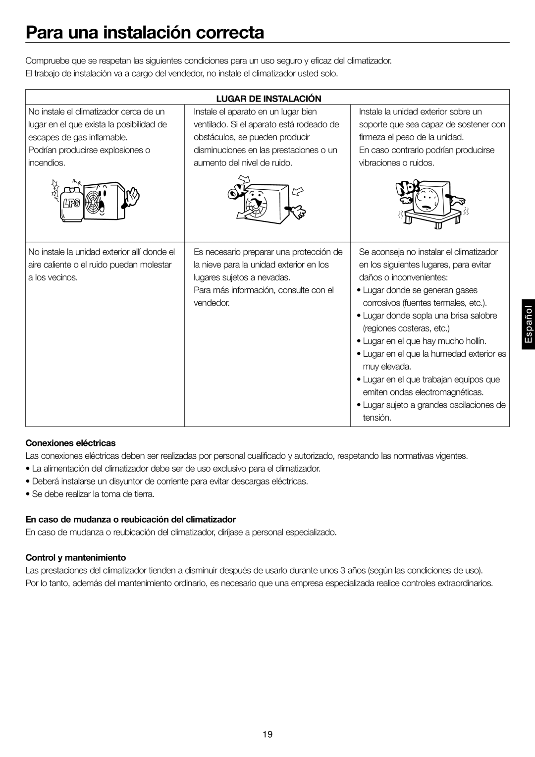 Haier AD28NS1ERA Para una instalación correcta, Lugar DE Instalación, Conexiones eléctricas, Control y mantenimiento 