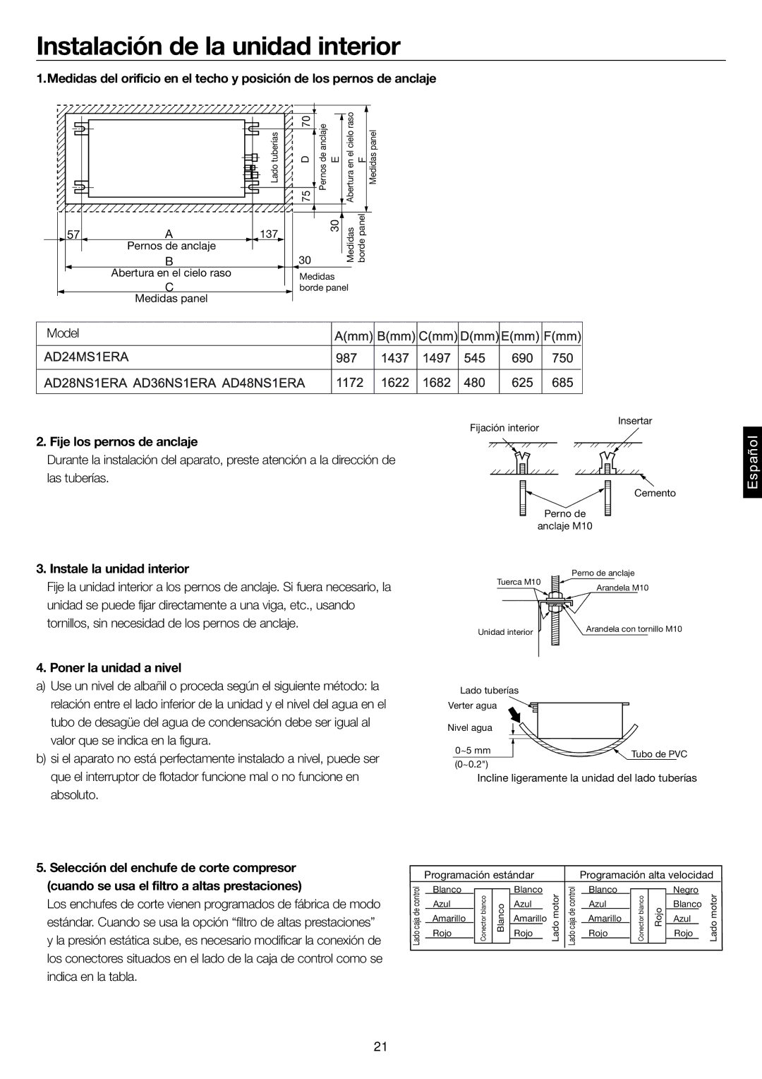 Haier AD48NS1ERA, AD24MS1ERA, AD28NS1ERA Fije los pernos de anclaje, Instale la unidad interior, Poner la unidad a nivel 