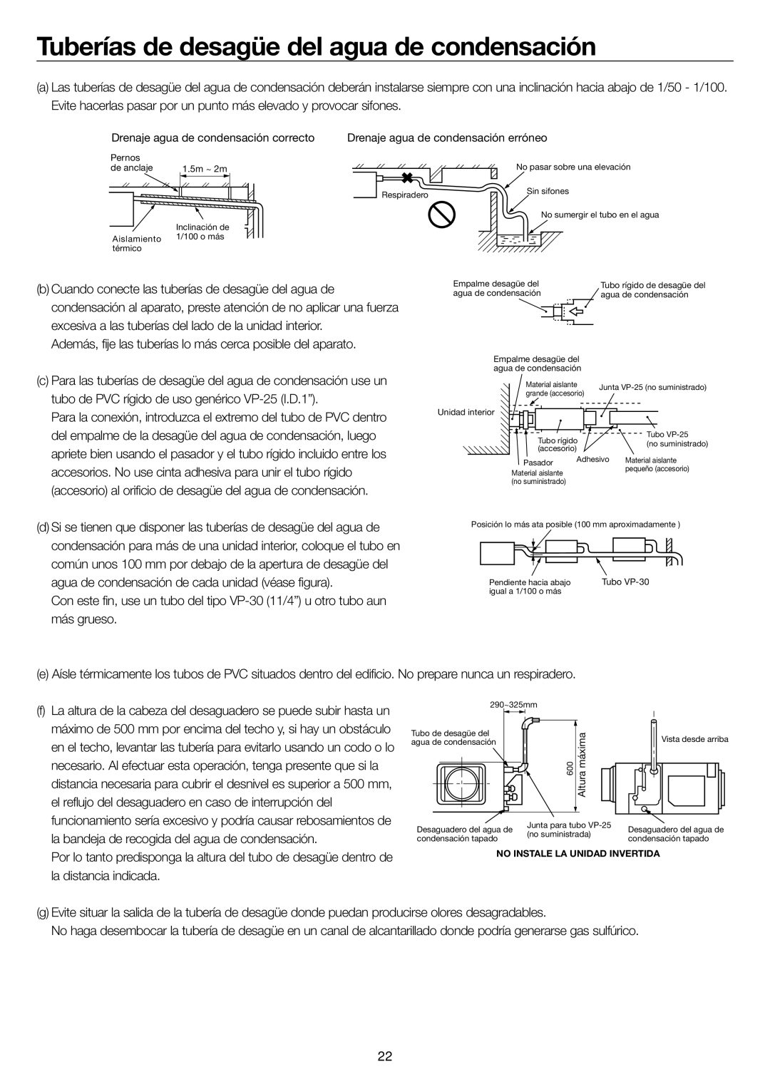 Haier AD24MS1ERA, AD28NS1ERA Tuberías de desagüe del agua de condensación, Drenaje agua de condensación correcto 