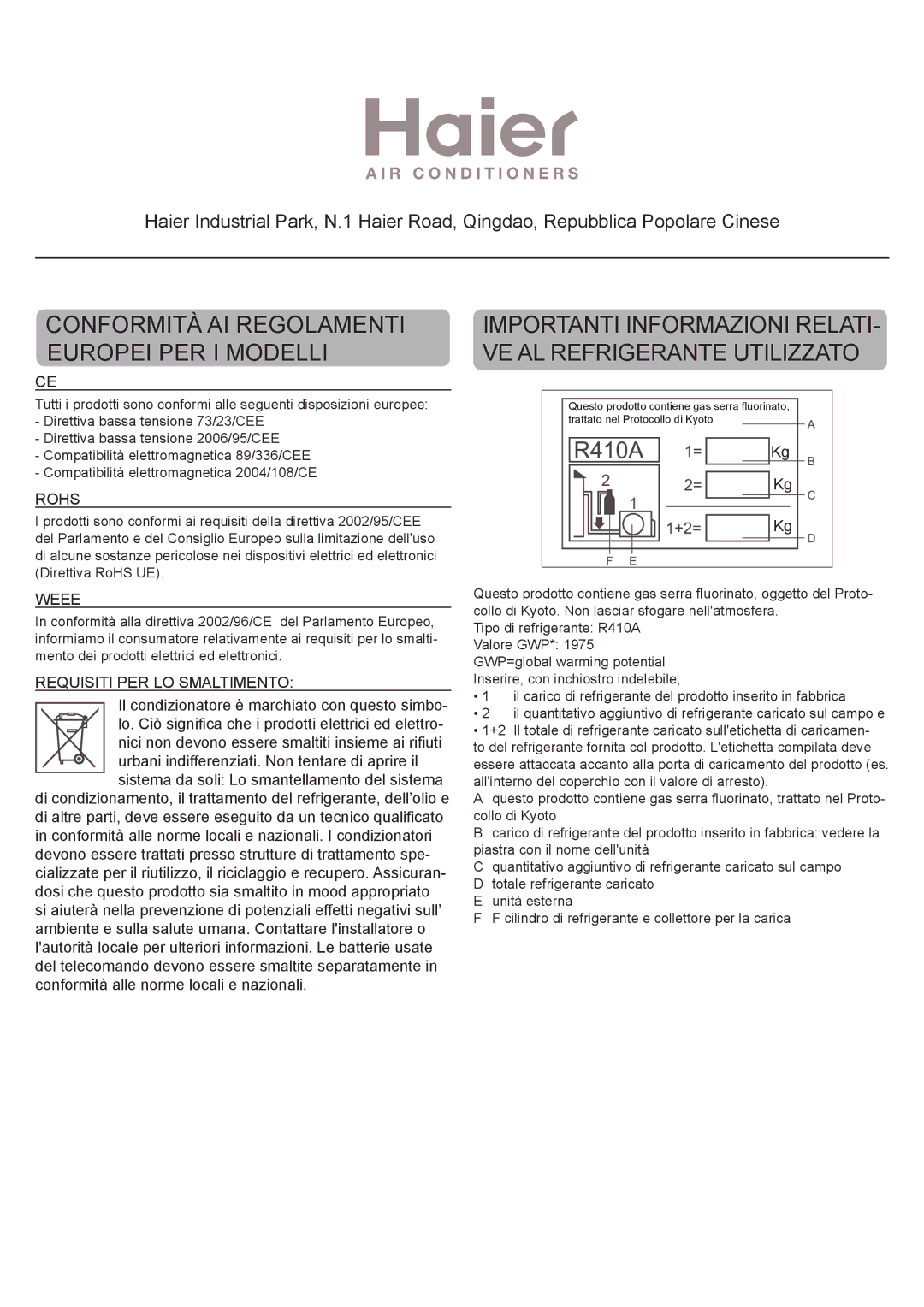 Haier AD36NS1ERA, AD24MS1ERA, AD28NS1ERA, AD48NS1ERA operation manual Conformità AI Regolamenti Europei PER I Modelli 