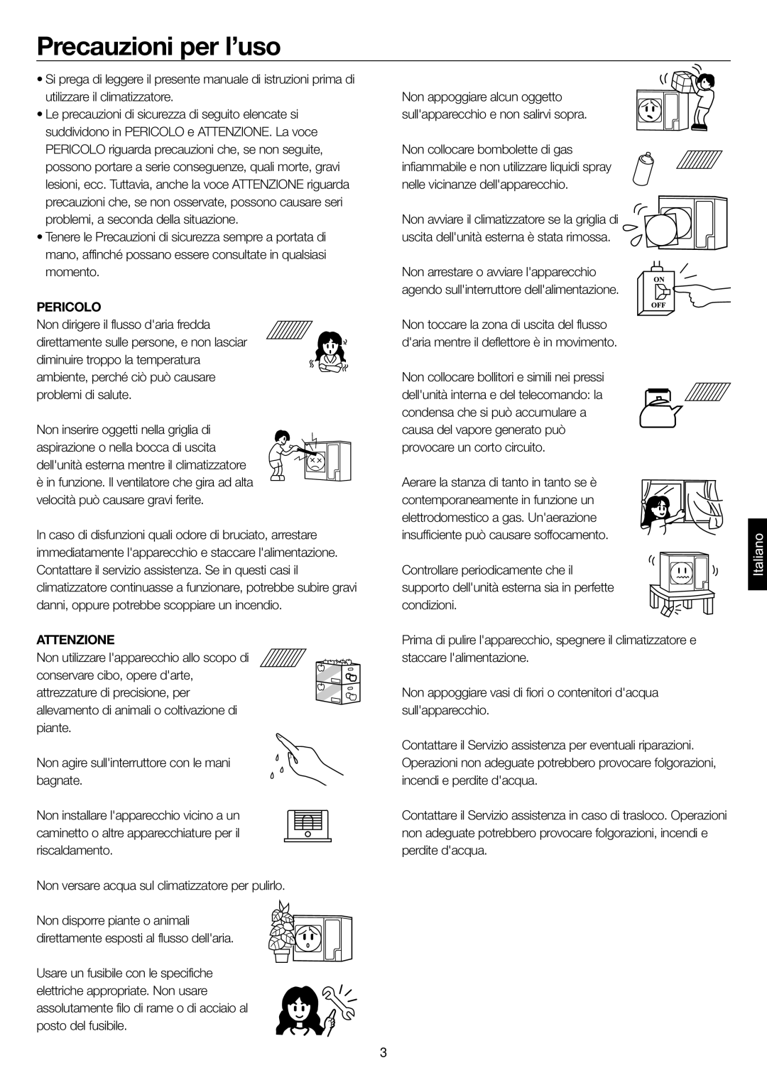 Haier AD48NS1ERA, AD24MS1ERA, AD28NS1ERA, AD36NS1ERA operation manual Precauzioni per l’uso, Pericolo, Attenzione 