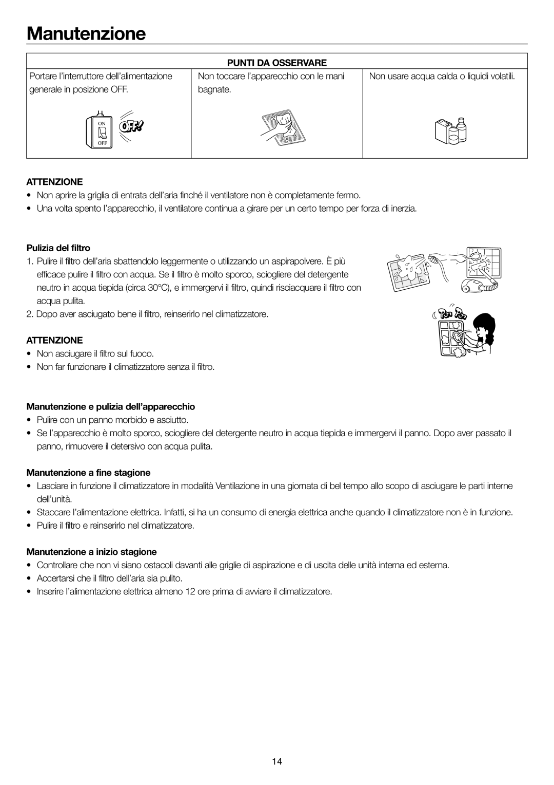 Haier AD36NS1ERA, AD24MS1ERA, AD28NS1ERA, AD48NS1ERA operation manual Manutenzione, Punti DA Osservare 