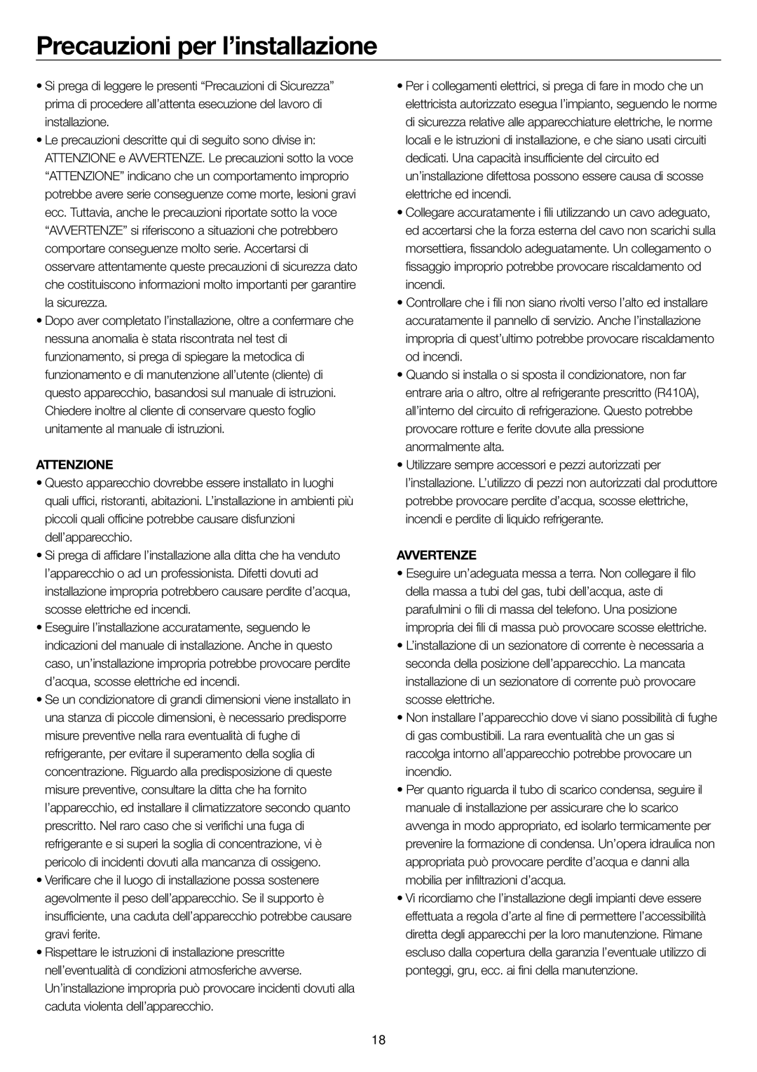 Haier AD36NS1ERA, AD24MS1ERA, AD28NS1ERA, AD48NS1ERA operation manual Precauzioni per l’installazione, Avvertenze 