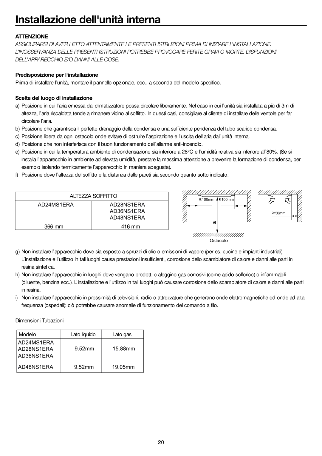 Haier AD24MS1ERA Installazione dellunità interna, Predisposizione per linstallazione, Scelta del luogo di installazione 