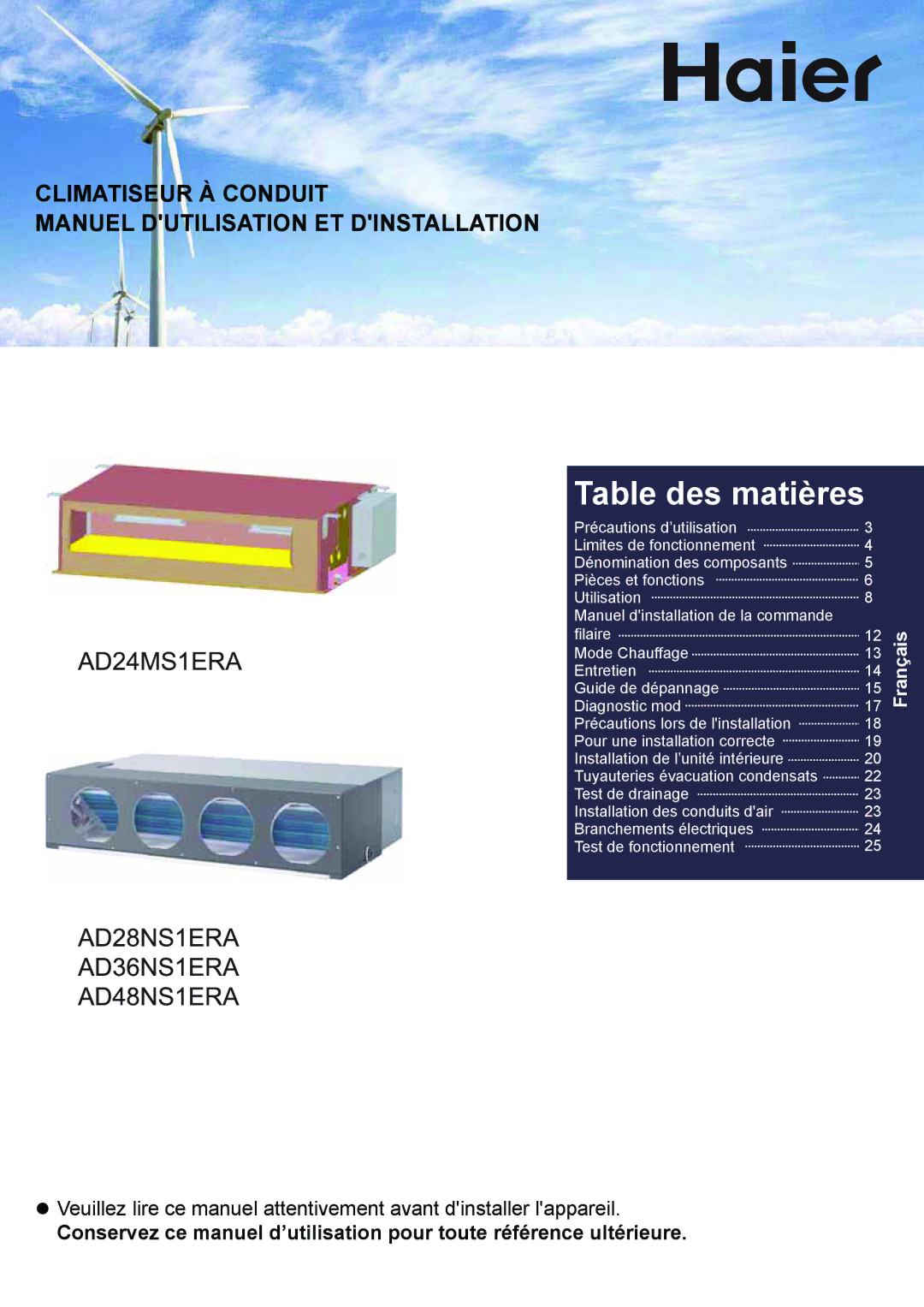 Haier AD48NS1ERA, AD24MS1ERA, AD28NS1ERA, AD36NS1ERA operation manual Table des matières 