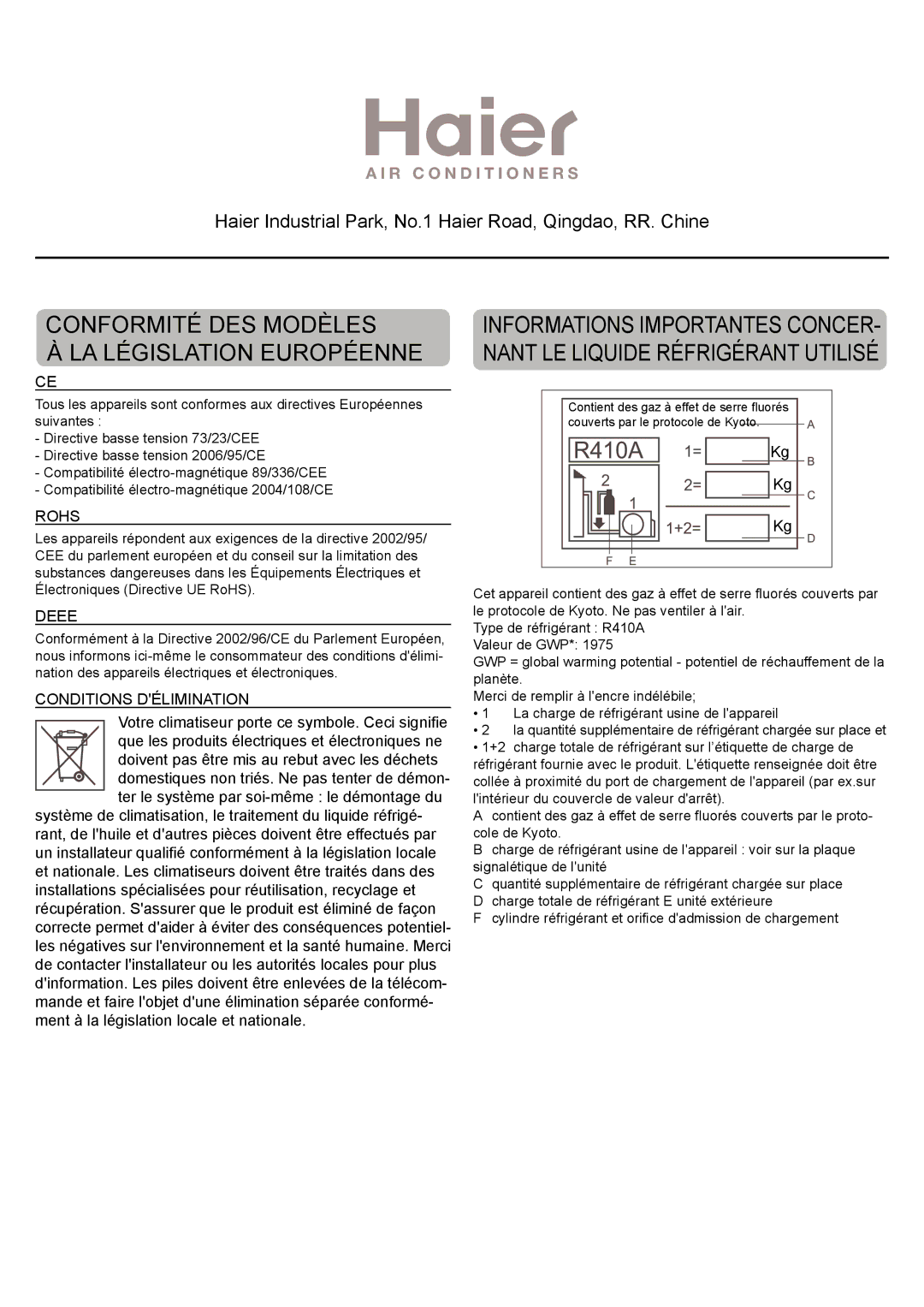 Haier AD24MS1ERA, AD28NS1ERA, AD36NS1ERA, AD48NS1ERA operation manual Conformité DES Modèles LA Législation Européenne 