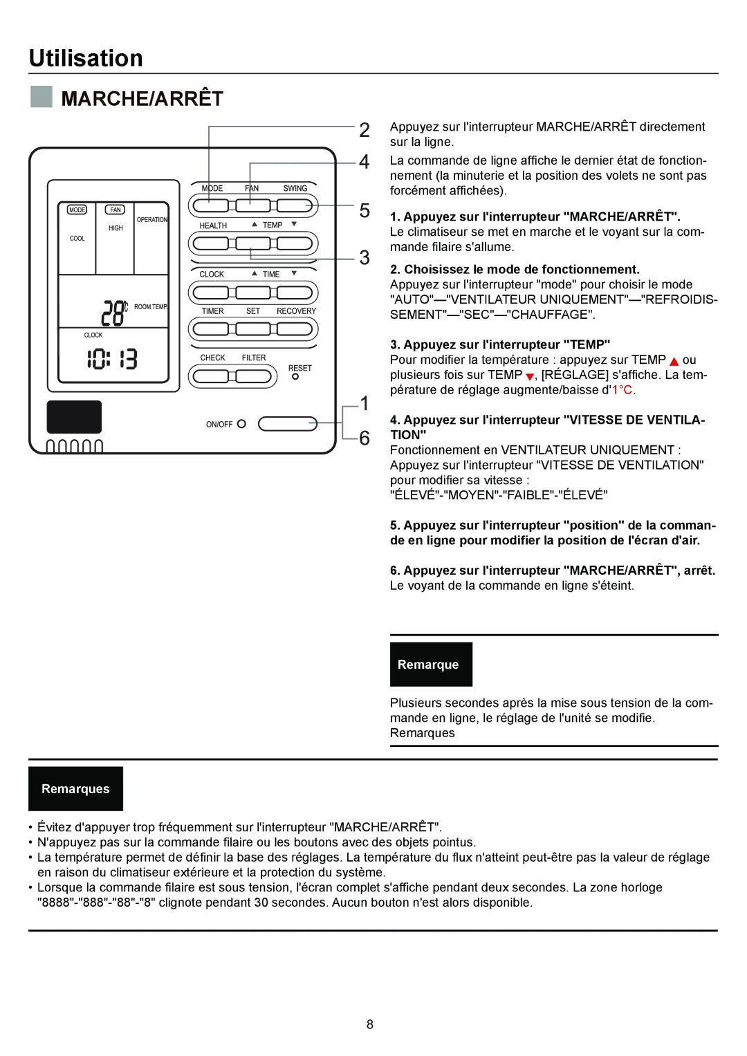 Haier AD36NS1ERA Utilisation, Appuyez sur linterrupteur MARCHE/ARRÊT, Appuyez sur linterrupteur Vitesse DE VENTILA- Tion 