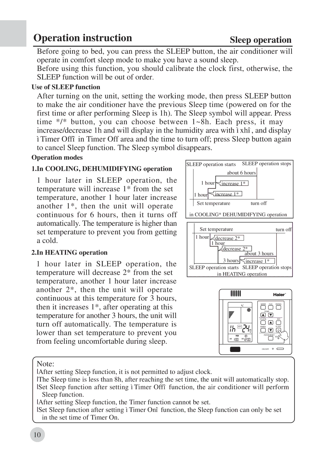 Haier AD422BMBAA manual Sleep operation 