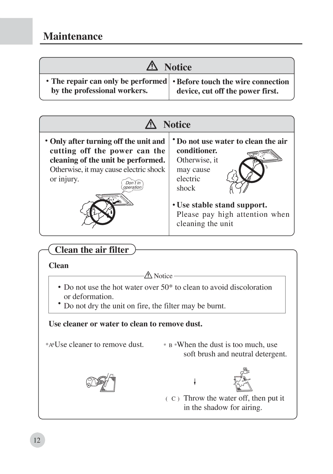 Haier AD422BMBAA manual Maintenance, Clean the air filter, Use cleaner or water to clean to remove dust 