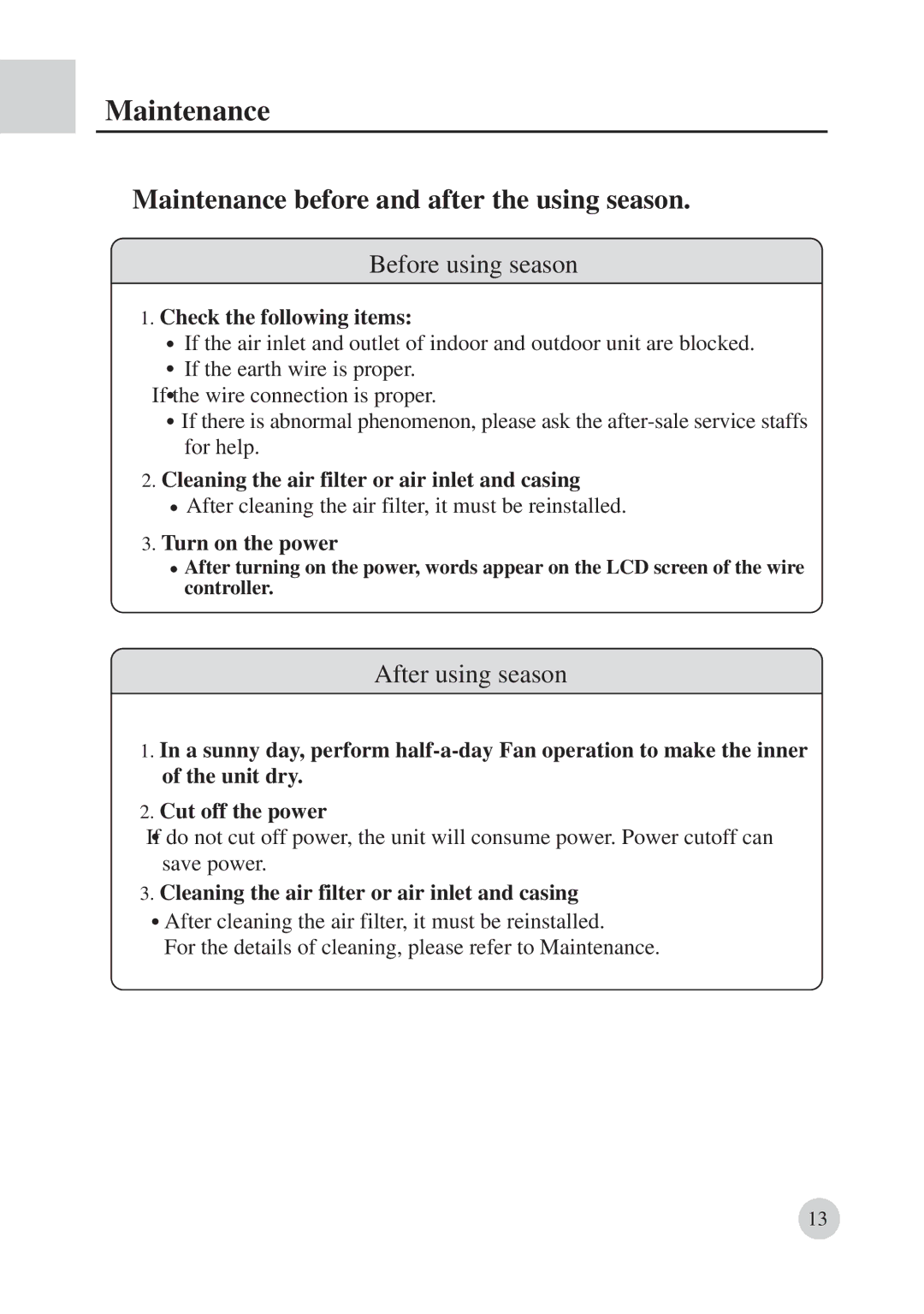 Haier AD422BMBAA manual Check the following items, Cleaning the air filter or air inlet and casing, Turn on the power 