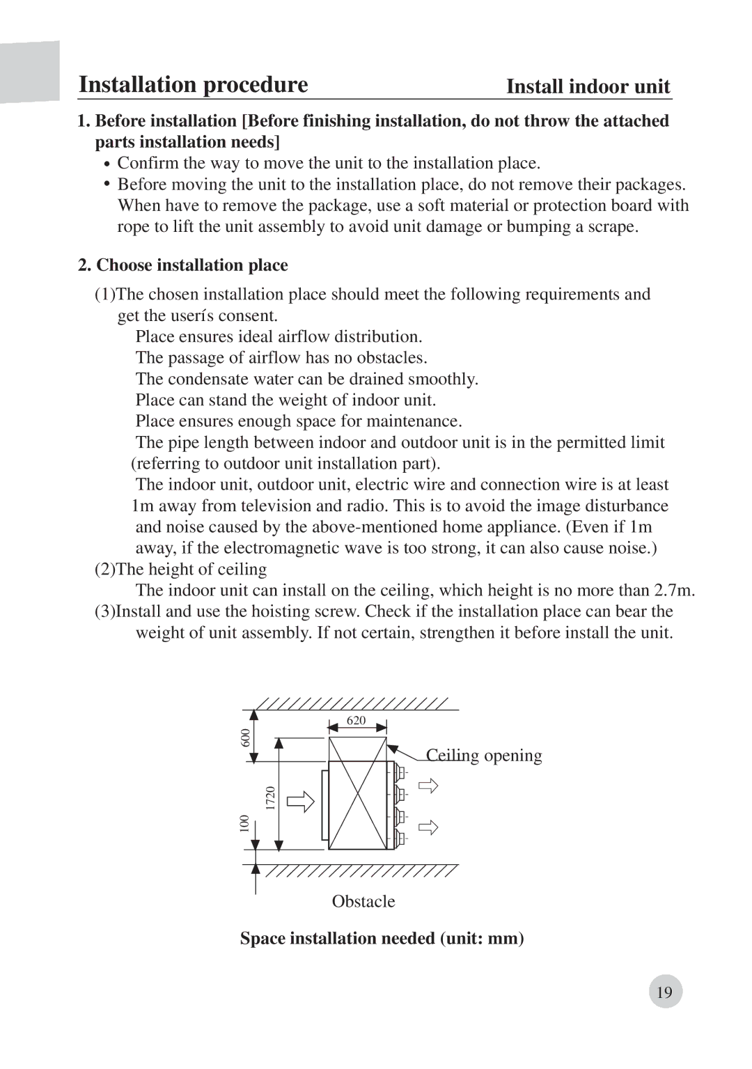 Haier AD422BMBAA Installation procedure, Install indoor unit, Choose installation place, Space installation needed unit mm 