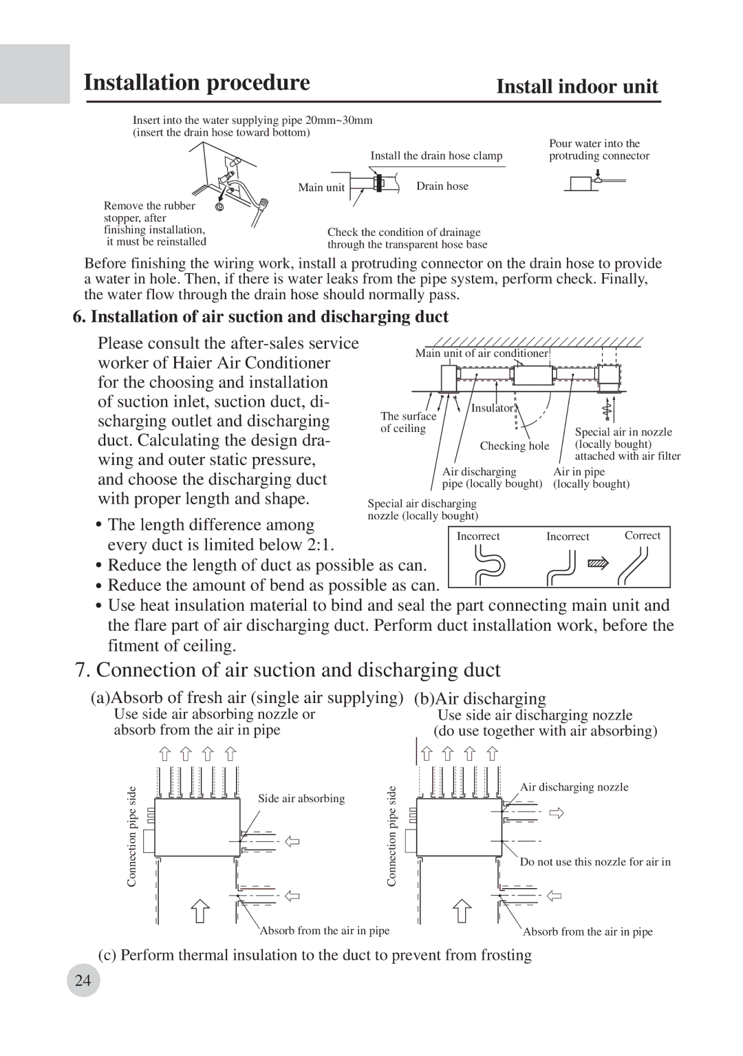 Haier AD422BMBAA Installation of air suction and discharging duct, Length difference among, Every duct is limited below 