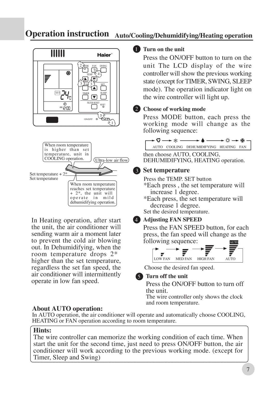 Haier AD422BMBAA manual Auto/Cooling/Dehumidifying/Heating operation, Set temperature, About Auto operation, Hints 