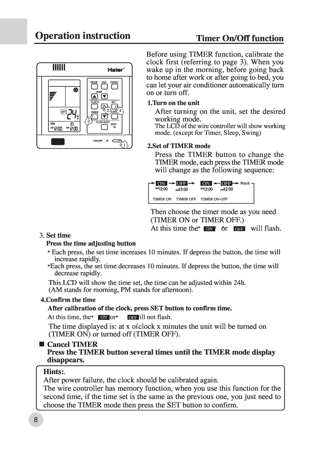 Haier AD422BMBAA manual Timer On/Off function, Cancel TIMER, disappears Hints, Operation instruction 