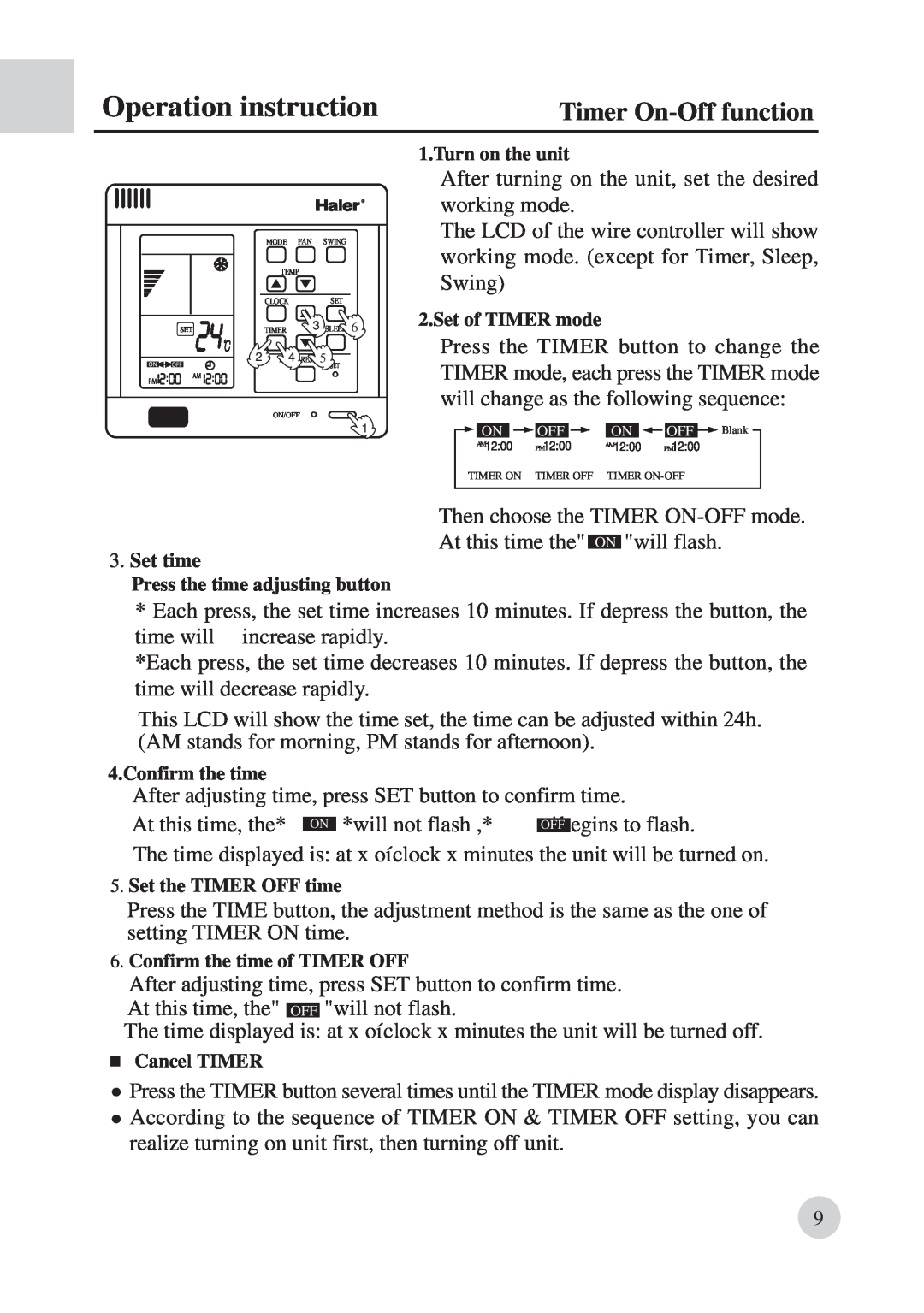 Haier AD422BMBAA manual Timer On-Offfunction, Operation instruction 