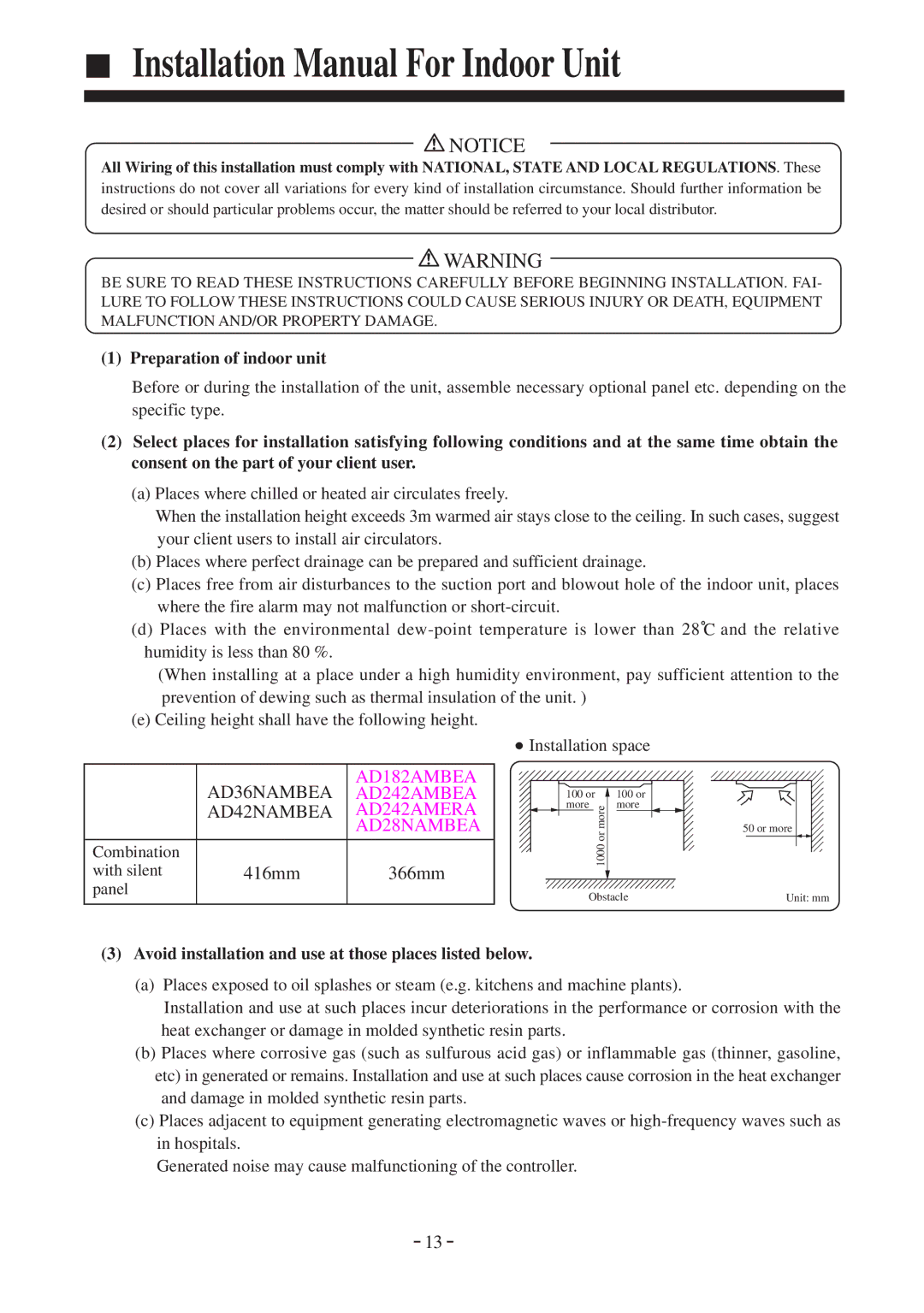 Haier AD182AMBEA, AD42NAMBEA, AD36NAMBEA, AD28NAMBEA, AD242AMBEA instruction manual Preparation of indoor unit 