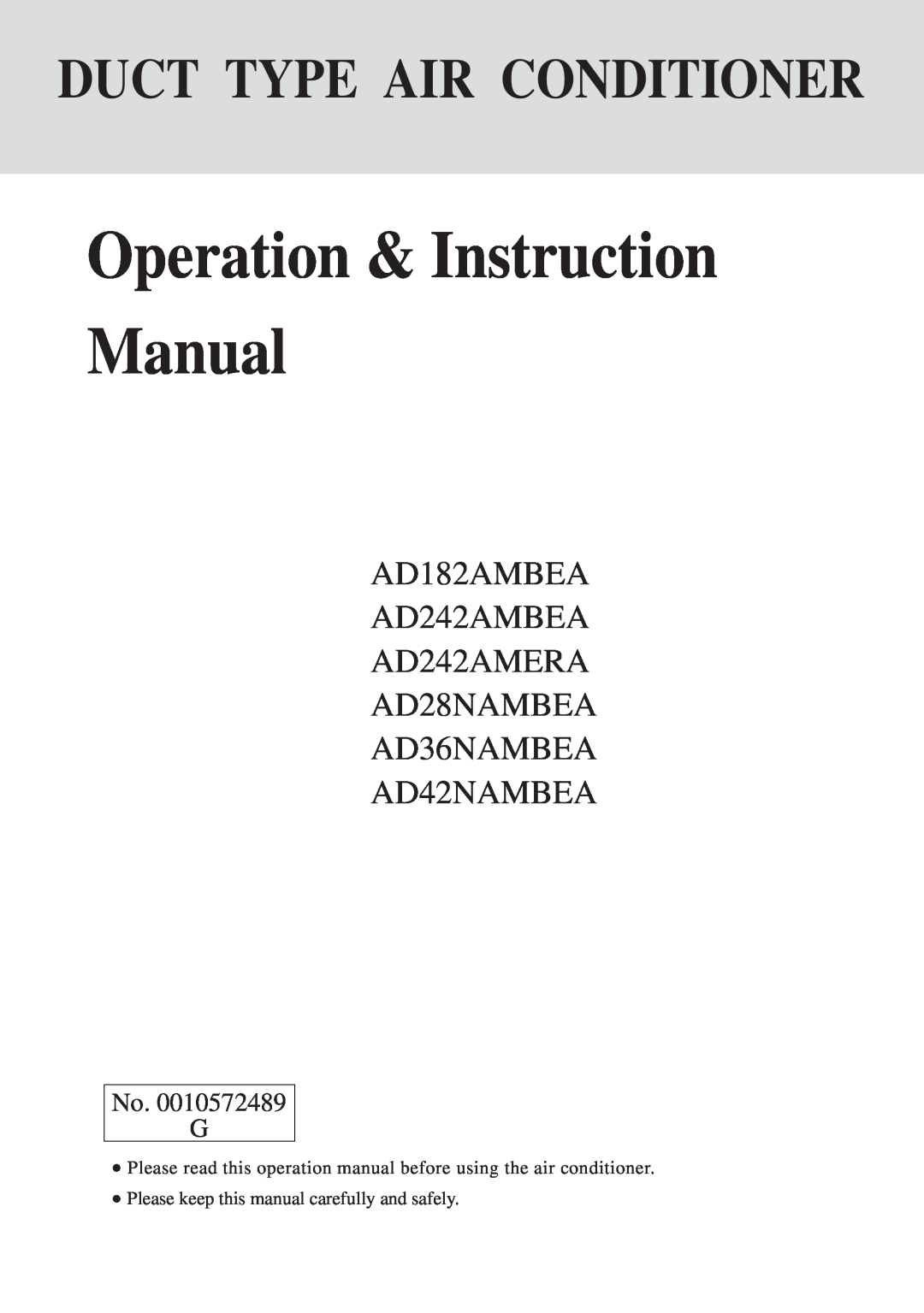 Haier AD36NAMBEA instruction manual No. G, Duct Type Air Conditioner, AD182AMBEA AD242AMBEA AD242AMERA AD28NAMBEA 